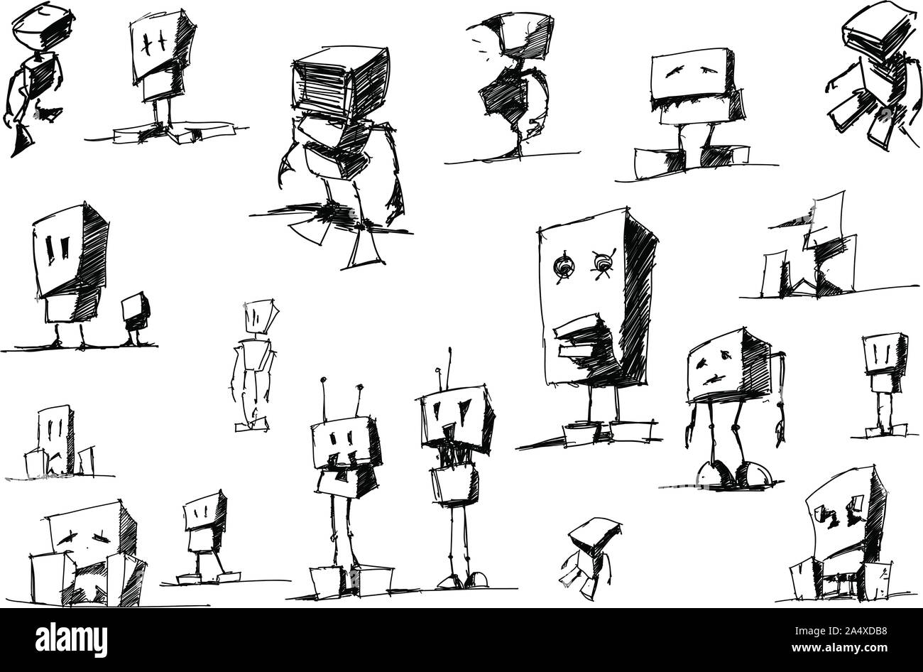 many hand drawn sketches and drawings of funny cartoon robots and androids Stock Vector