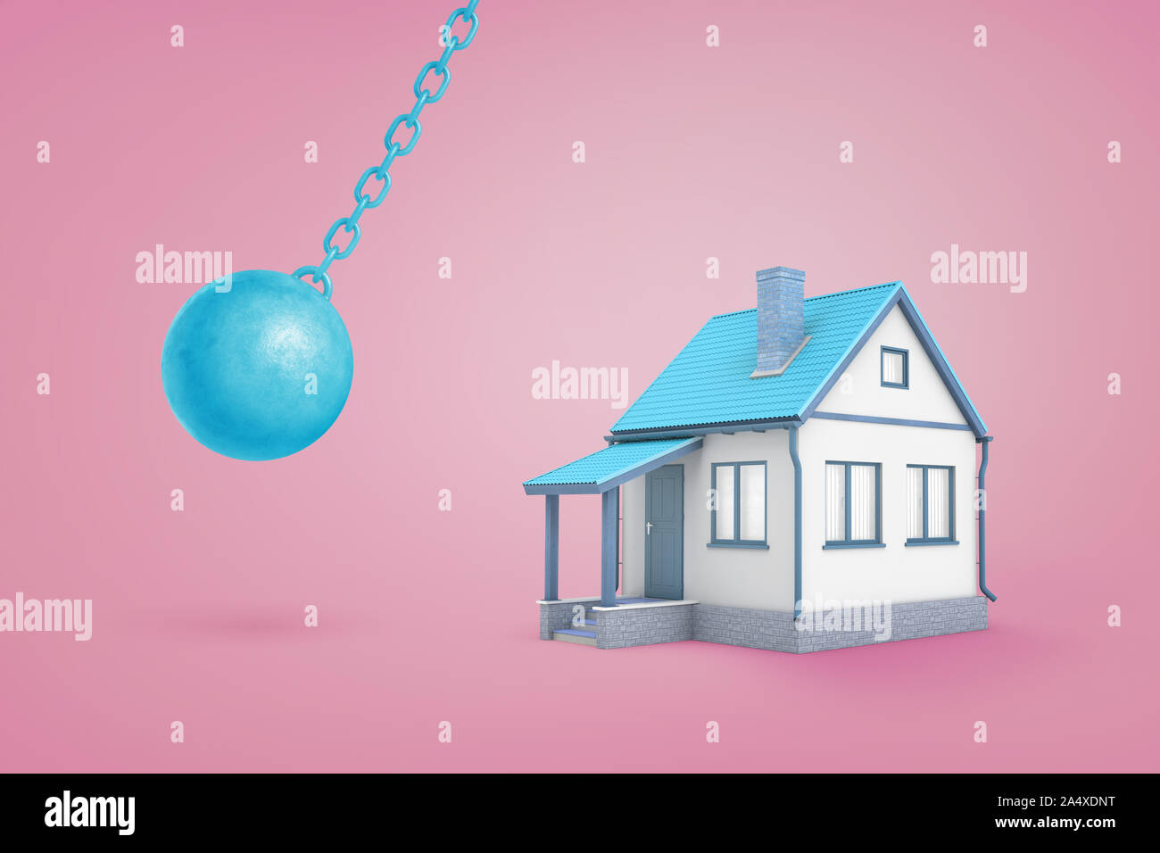 3d rendering of large blue iron wrecking ball ready to hit a small blue family house on a pink background. Stock Photo