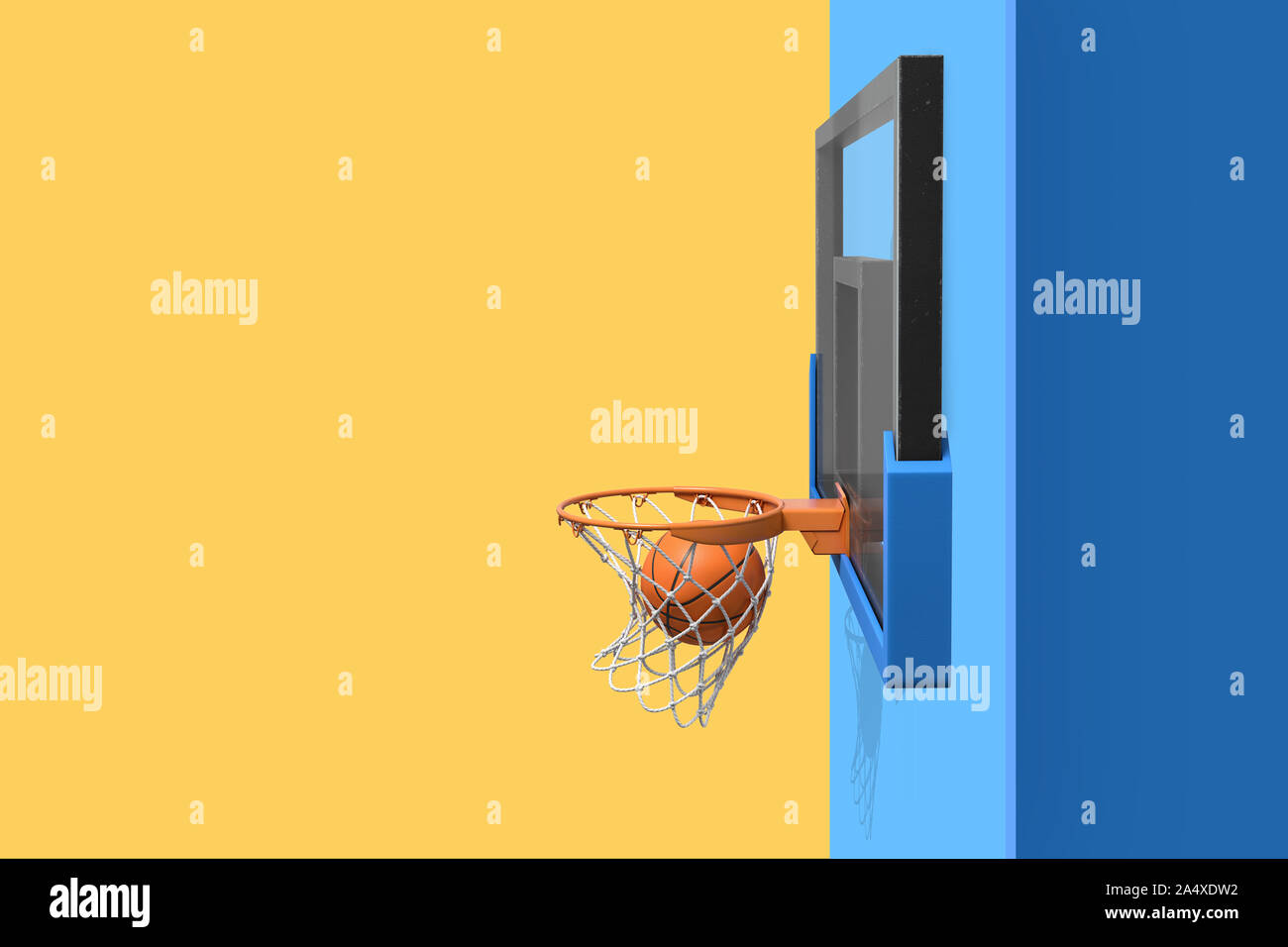 3d rendering of basketball ball falling inside of the hoop attached to the blue wall on an orange background. Stock Photo
