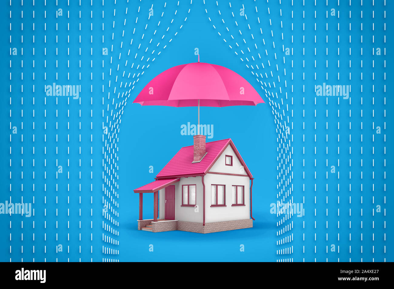 3d rendering of a small family house stands under a large open pink umbrella which protects the house from symbolic white rain dashes. Stock Photo