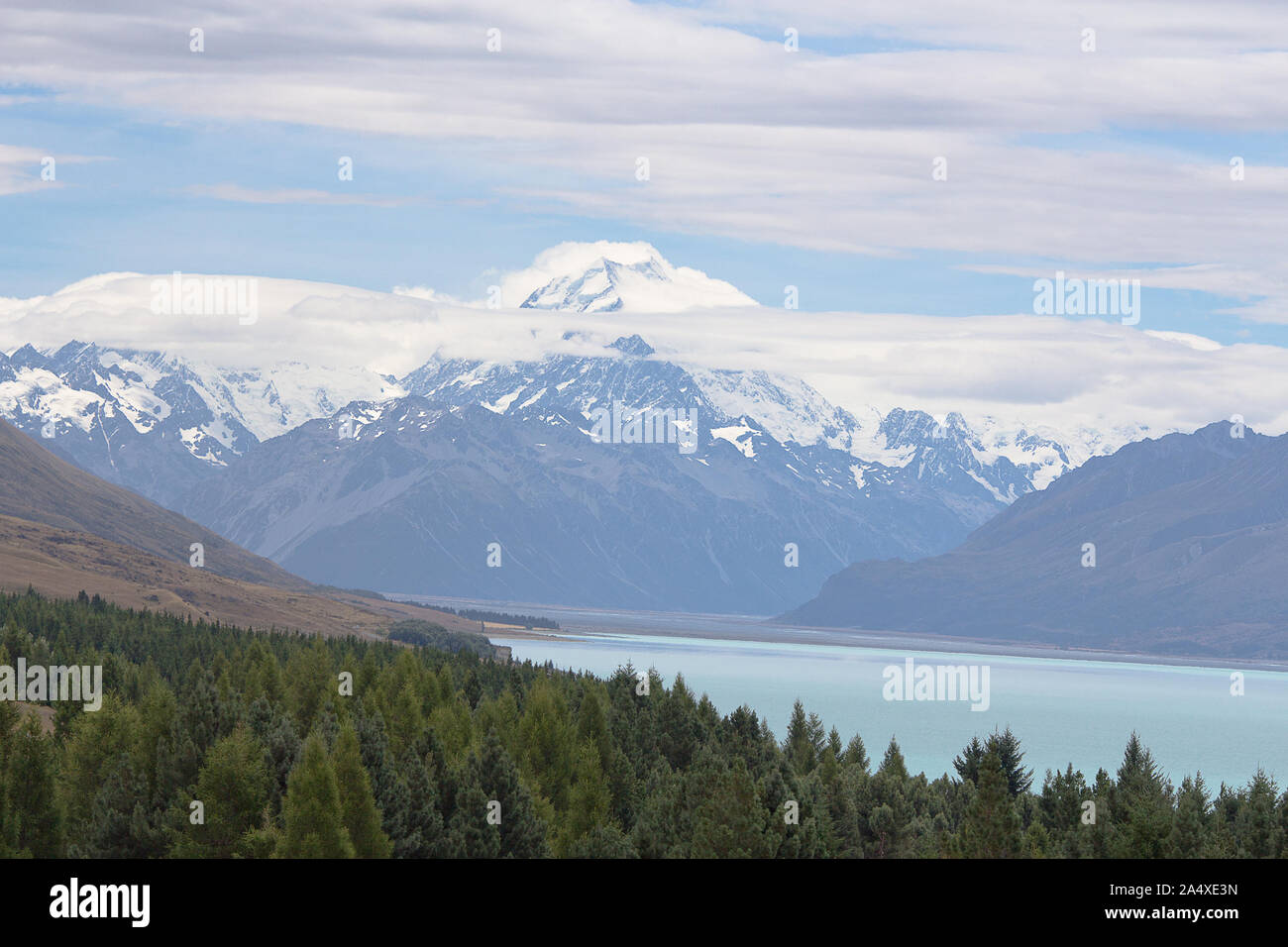 A view of Mount Cook (Aoraki) from near Lake Pukaki on a clear day. Stock Photo