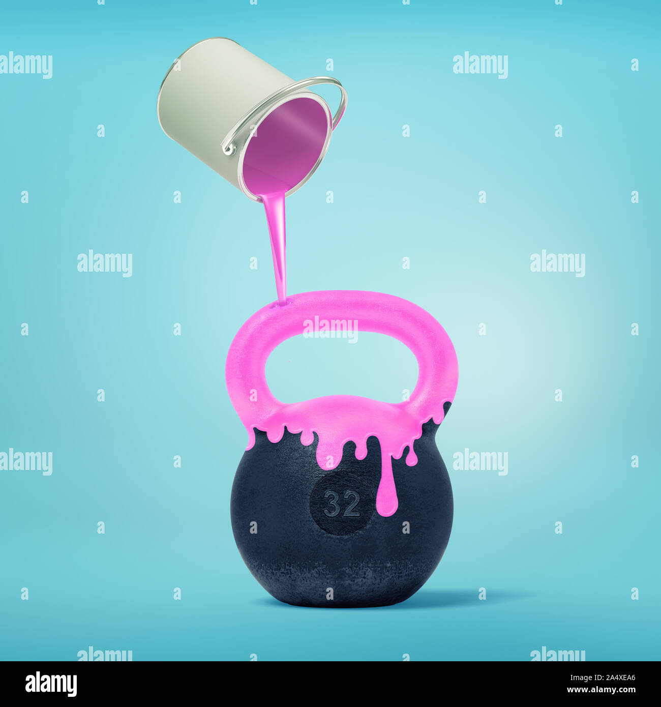 3d rendering of a large black iron kettlebell standing on a blue