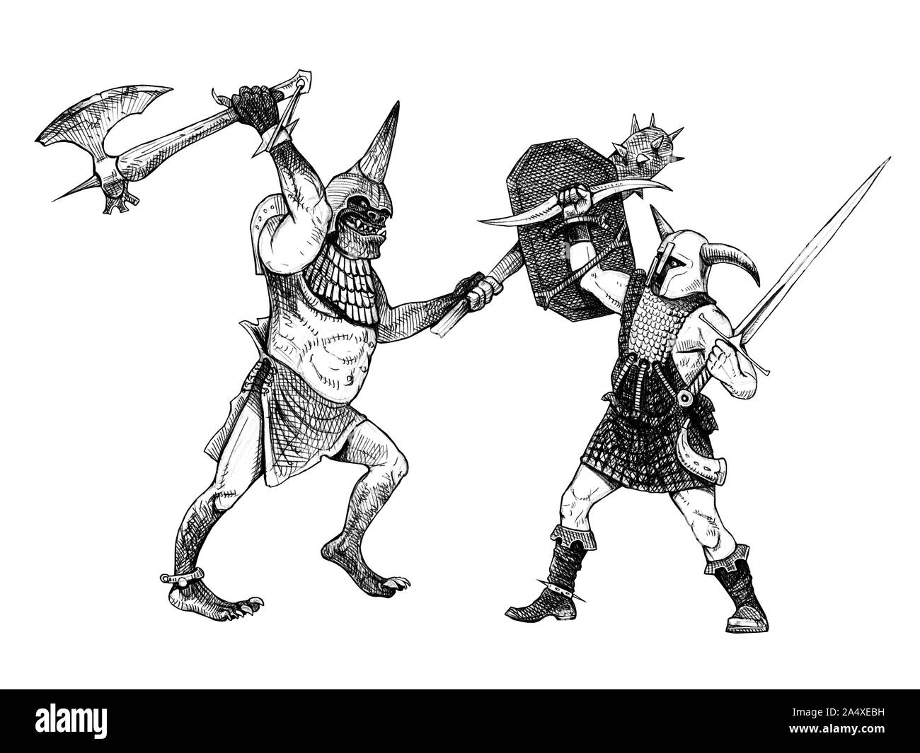 Fight between ork and human. Evil against good. Fantasy drawing. Stock Photo