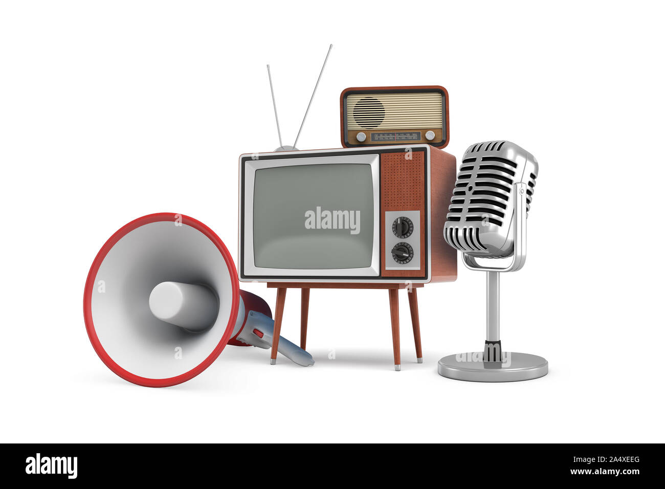 3d rendering of several isolated pieces of vintage equipment: a megaphone,  a TV set, a radio and a microphone Stock Photo - Alamy