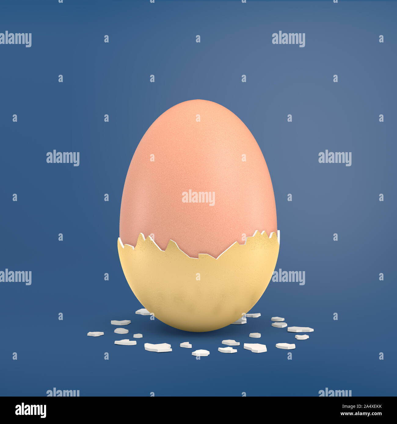 3d rendering of a single natural egg stands half covered with an outer golden shell with some of pieces lying nearby. Stock Photo