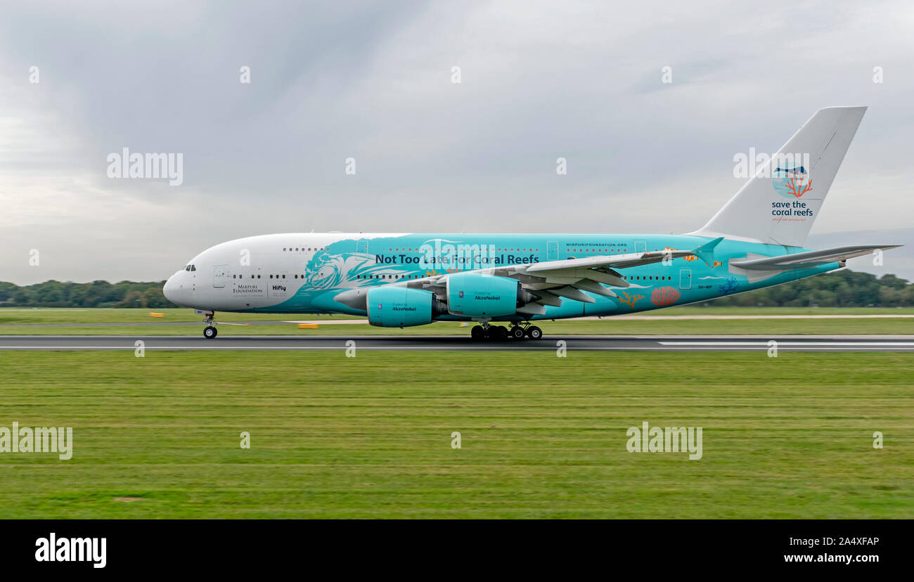 HiFly, Airbus A380 'Save The Coral Reefs' livery, 9H-MIP, at Manchester Airport Stock Photo