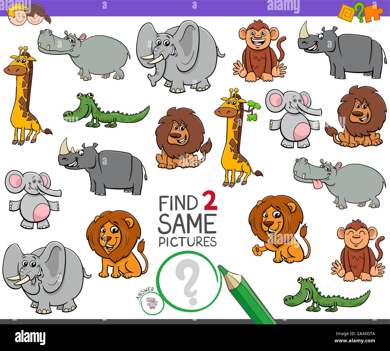 Cartoon Illustration of Finding Two Same Pictures Educational Activity ...