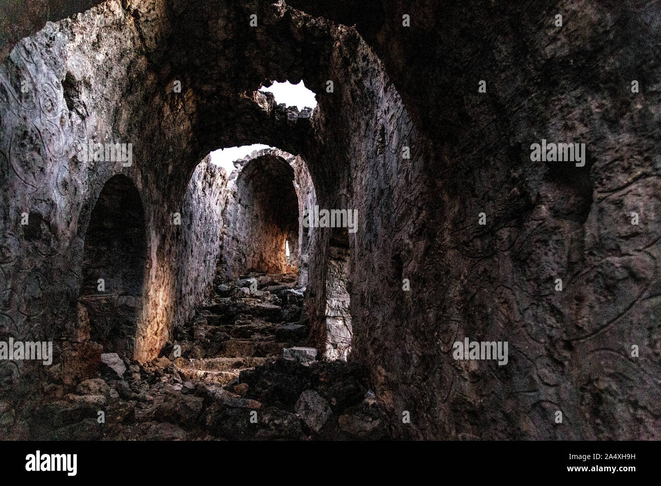 6th century church ruins on Gemiler Island, Turkish Riviera, Turkey Stock Photo