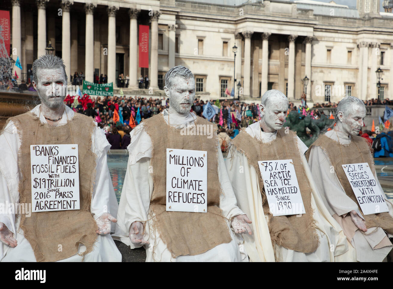 London, UK. 16th October 2019. Extinction Rebellion protesters seen on Trafalgar Square in defiance of the Section 14 of the Public Order Act 1986, issued by the police, to cease any protests within London by the climate action group. Credit: Joe Kuis / Alamy News Stock Photo