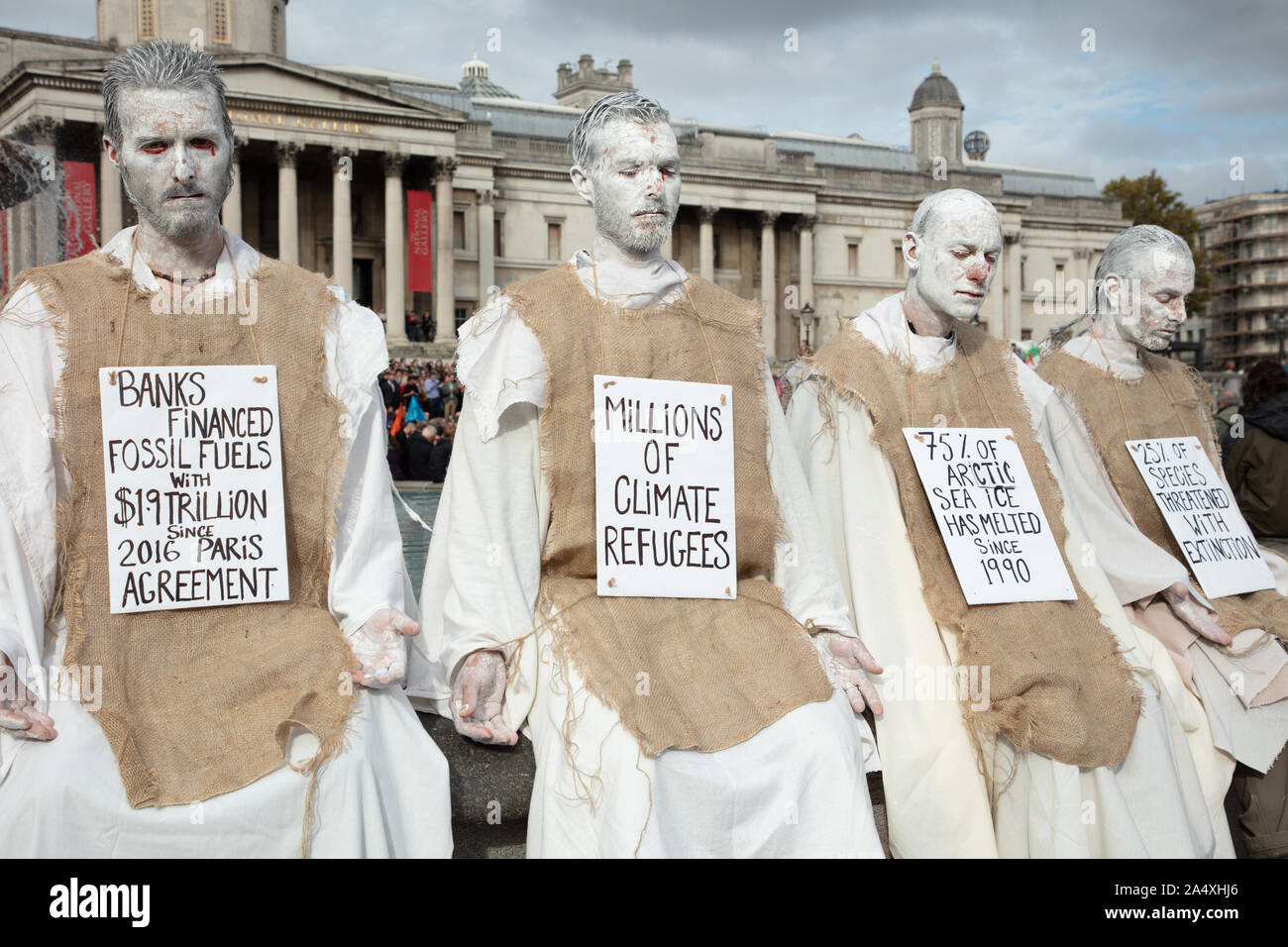 London, UK. 16th October 2019. Extinction Rebellion protesters seen on Trafalgar Square in defiance of the Section 14 of the Public Order Act 1986, issued by the police, to cease any protests within London by the climate action group. Credit: Joe Kuis / Alamy News Stock Photo