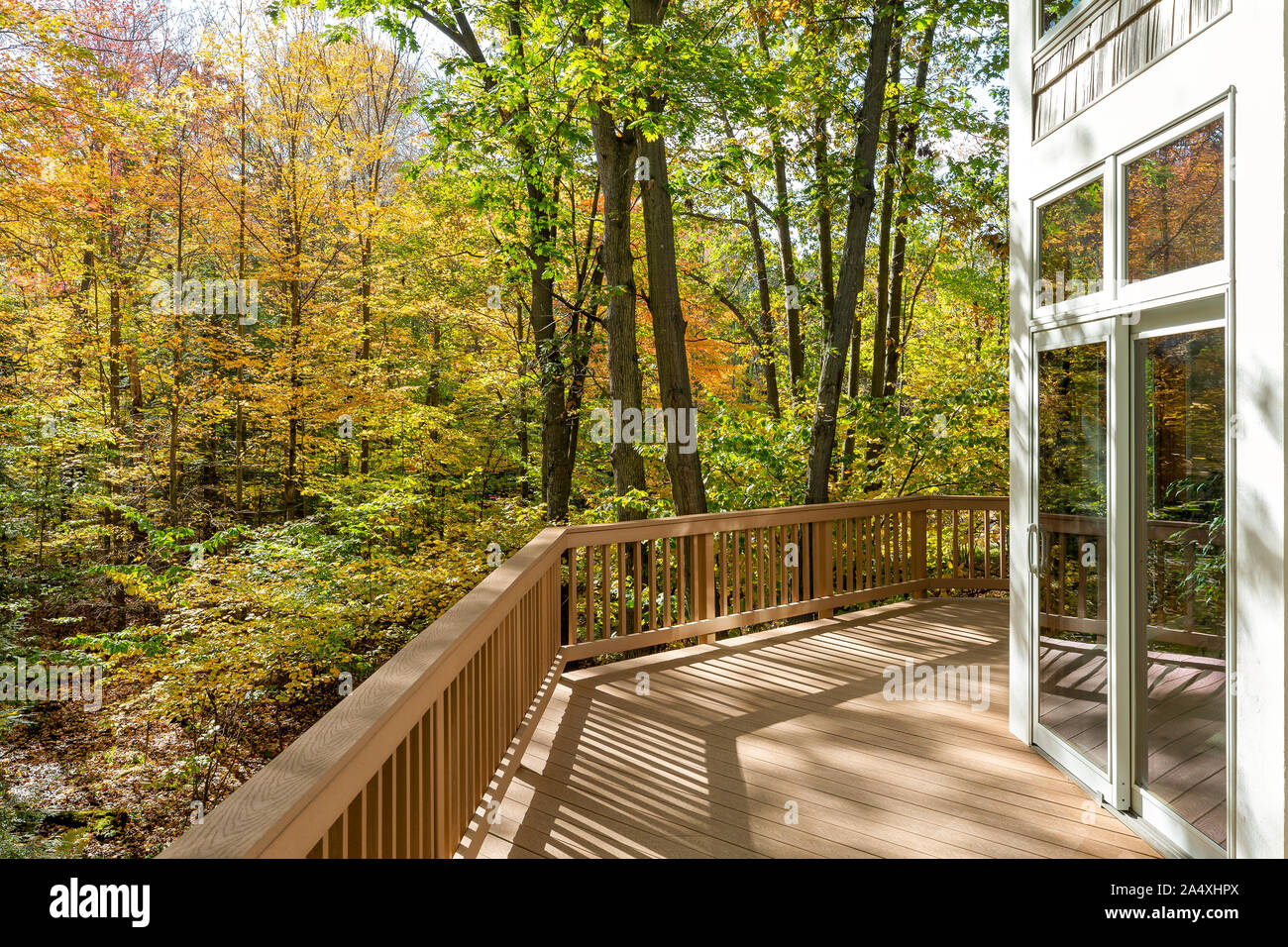 View from the deck of a luxury home in the autumn woods. Outdoor living ...