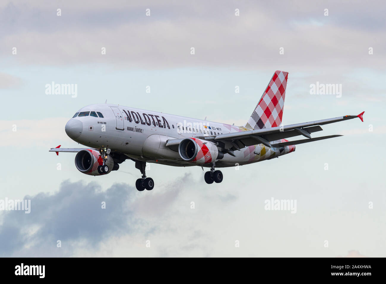 Volotea Airbus A319 jet airliner plane EC-MTF landing at London Southend Airport, Southend on Sea, Essex, UK. Spanish budget airline Stock Photo