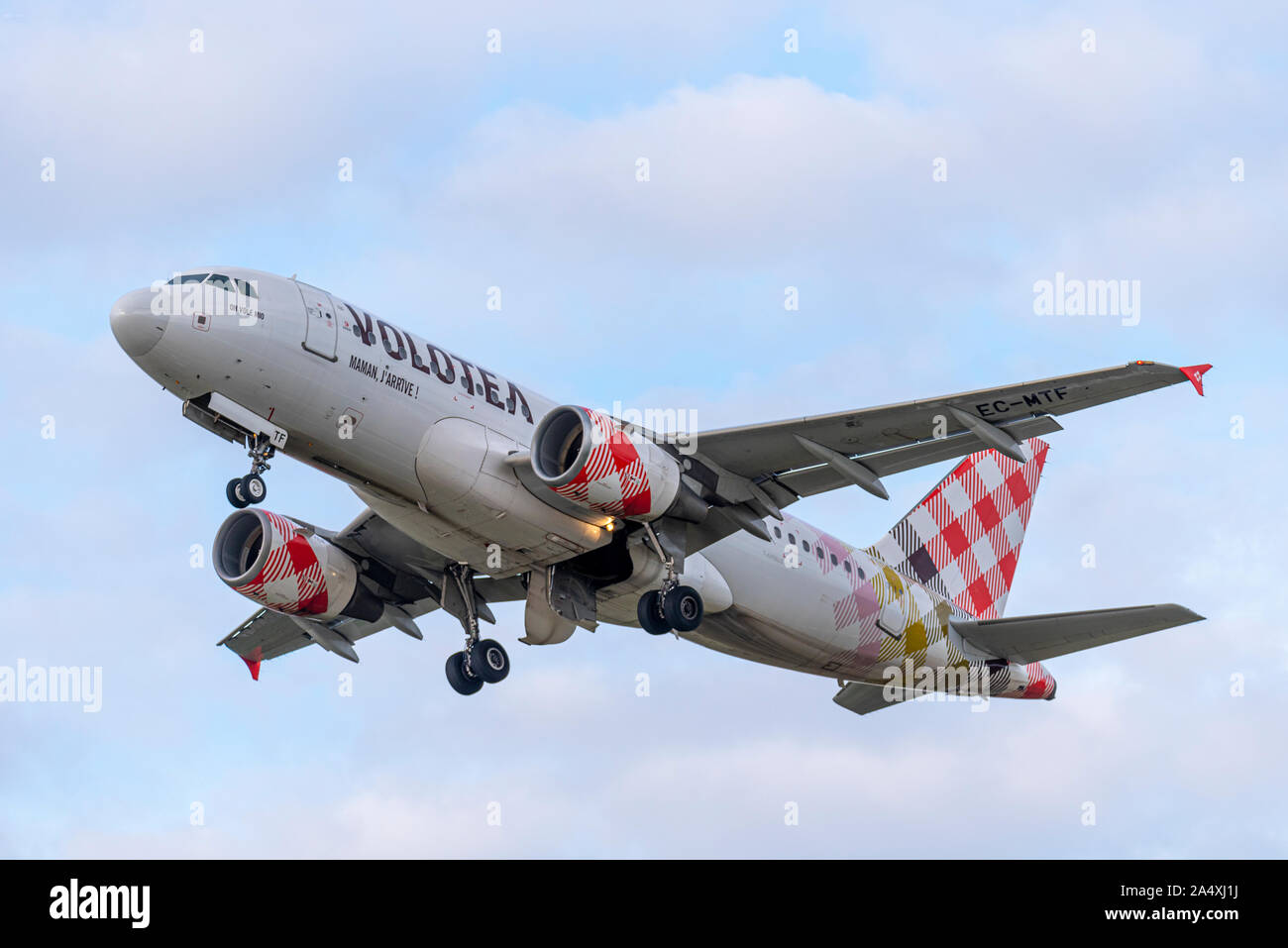 Volotea Airbus A319 jet airliner plane EC-MTF taking off at London Southend Airport, Southend on Sea Essex, UK. Spanish budget airline Stock Photo