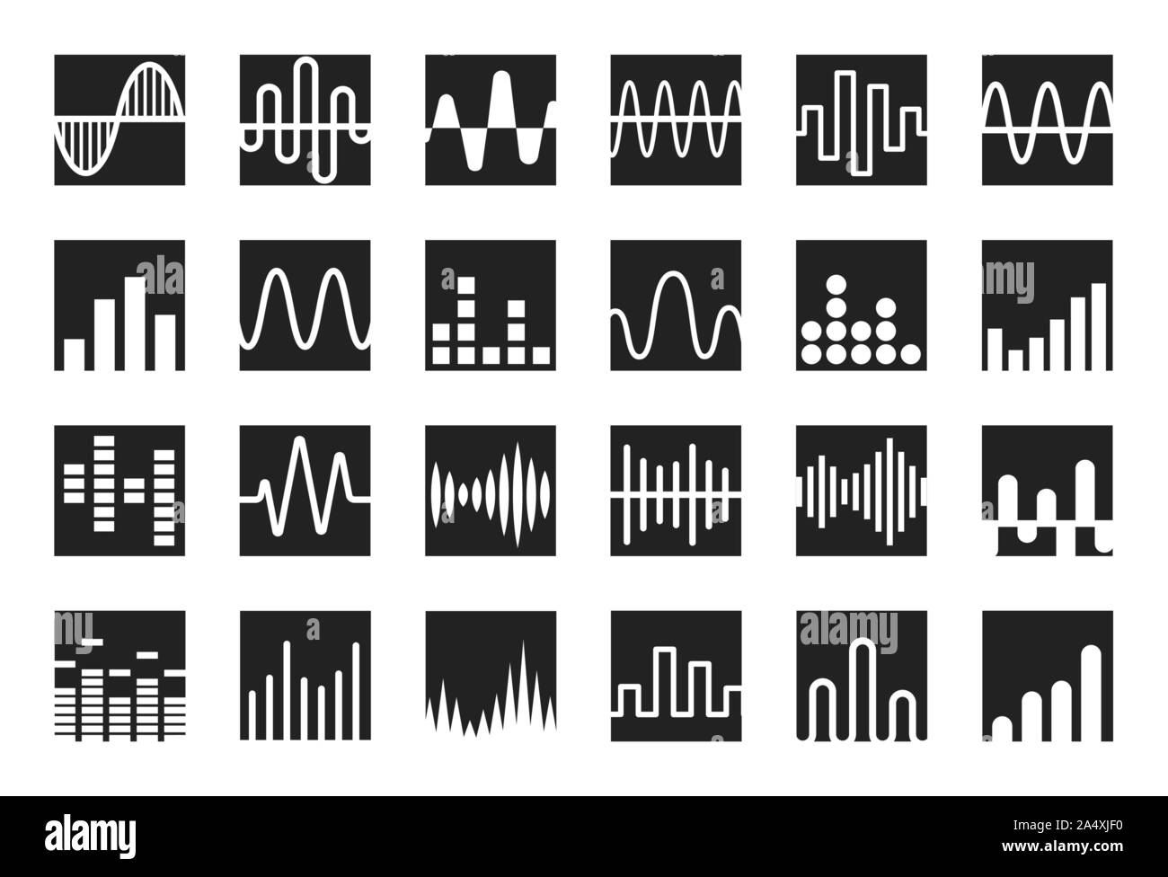 Waves icon set. Sound wave, music and radio wave curves logo template. Isolated vector emblems. Stock Vector