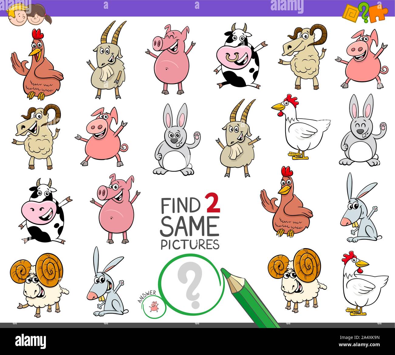 Cartoon Illustration of Finding Two Same Pictures Educational Activity ...