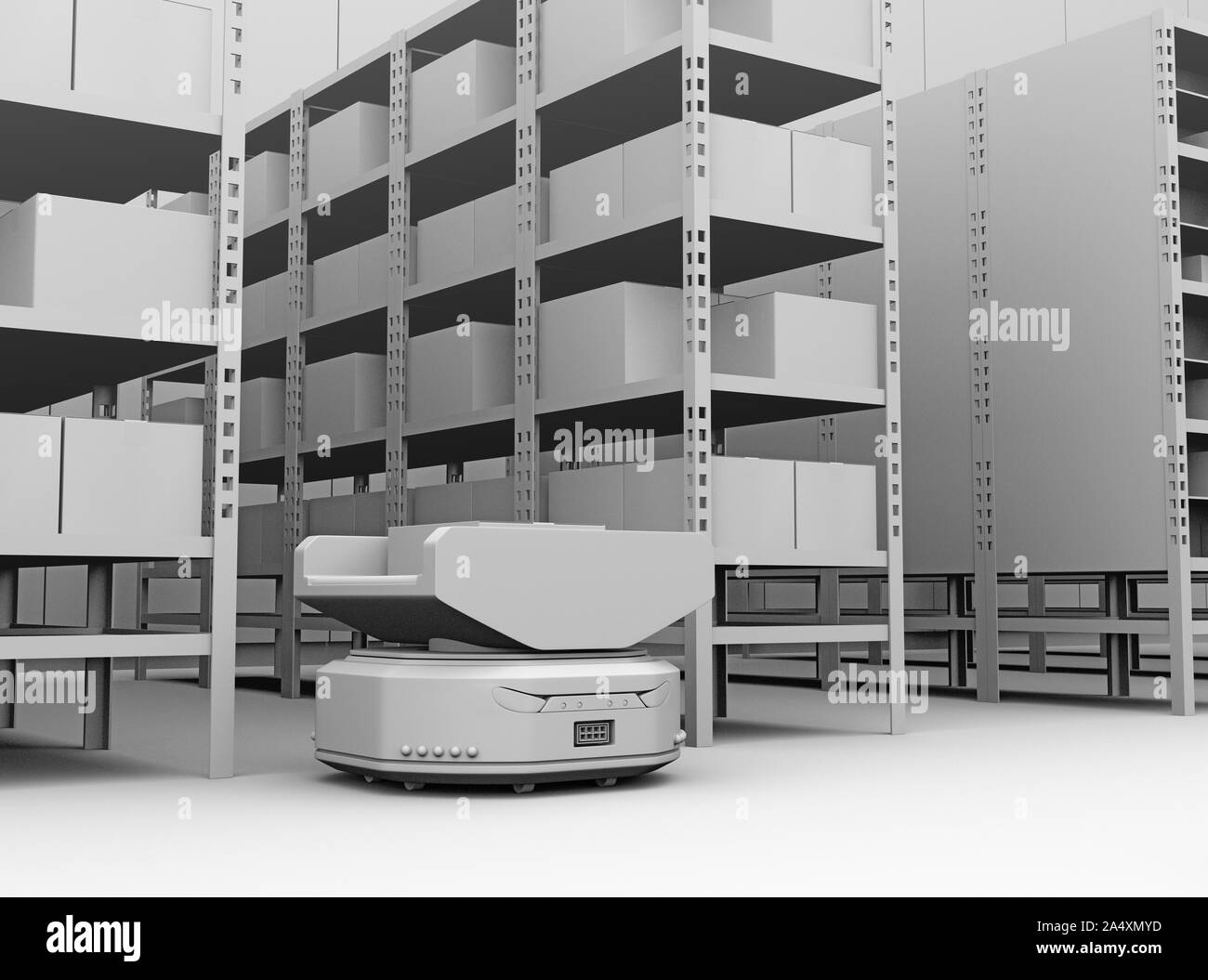 Autonomous Mobile Robots in modern warehouse. 3D clay rendering image. Stock Photo