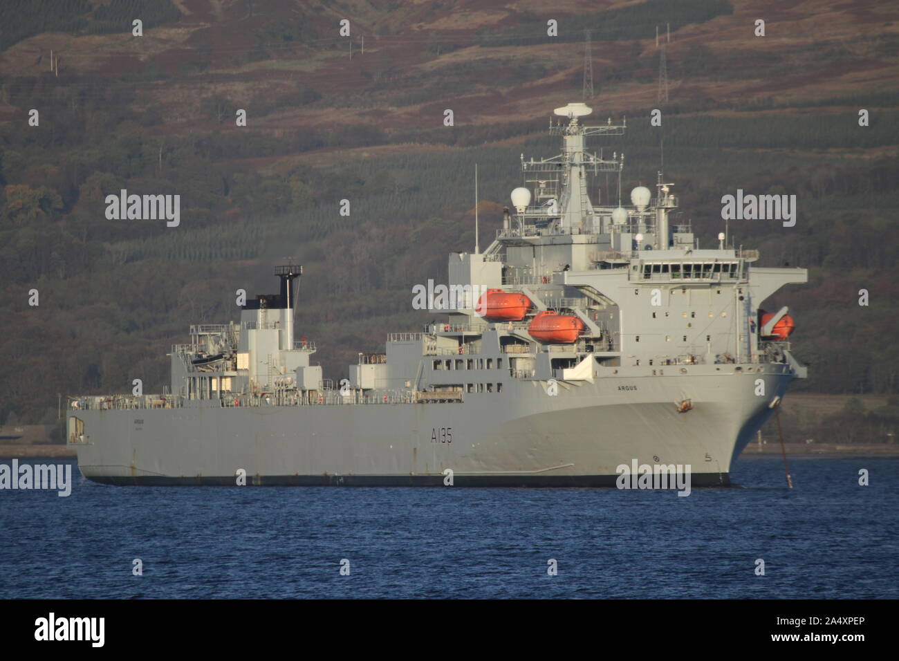 RFA Argus (A135), an aviation training/casualty receiving ship operated by the Royal Fleet Auxiliary, off Greenock after Exercise Griffin Strike 2019. Stock Photo