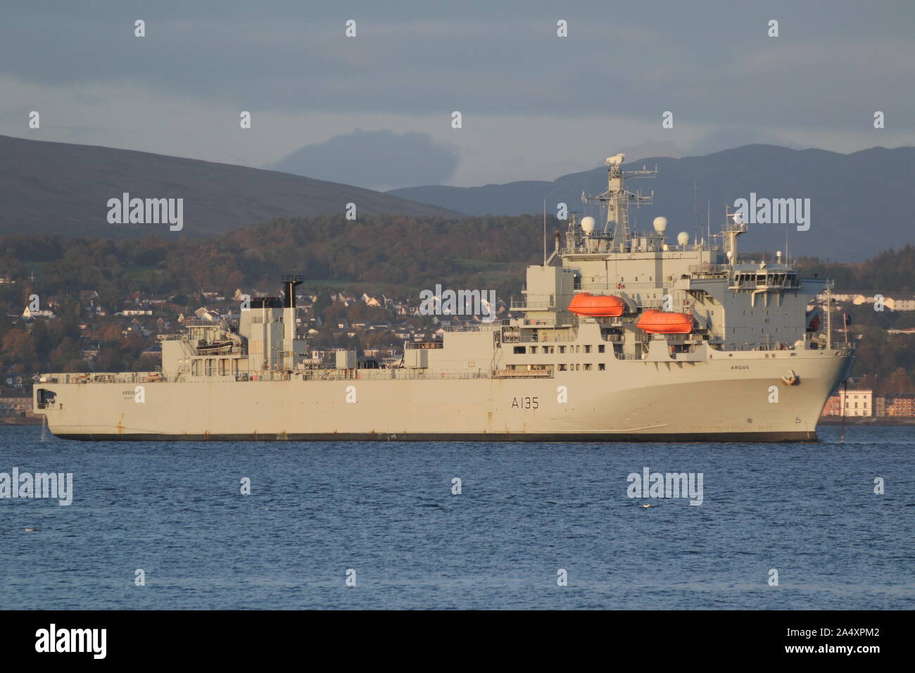 RFA Argus (A135), an aviation training/casualty receiving ship operated by the Royal Fleet Auxiliary, off Greenock after Exercise Griffin Strike 2019. Stock Photo