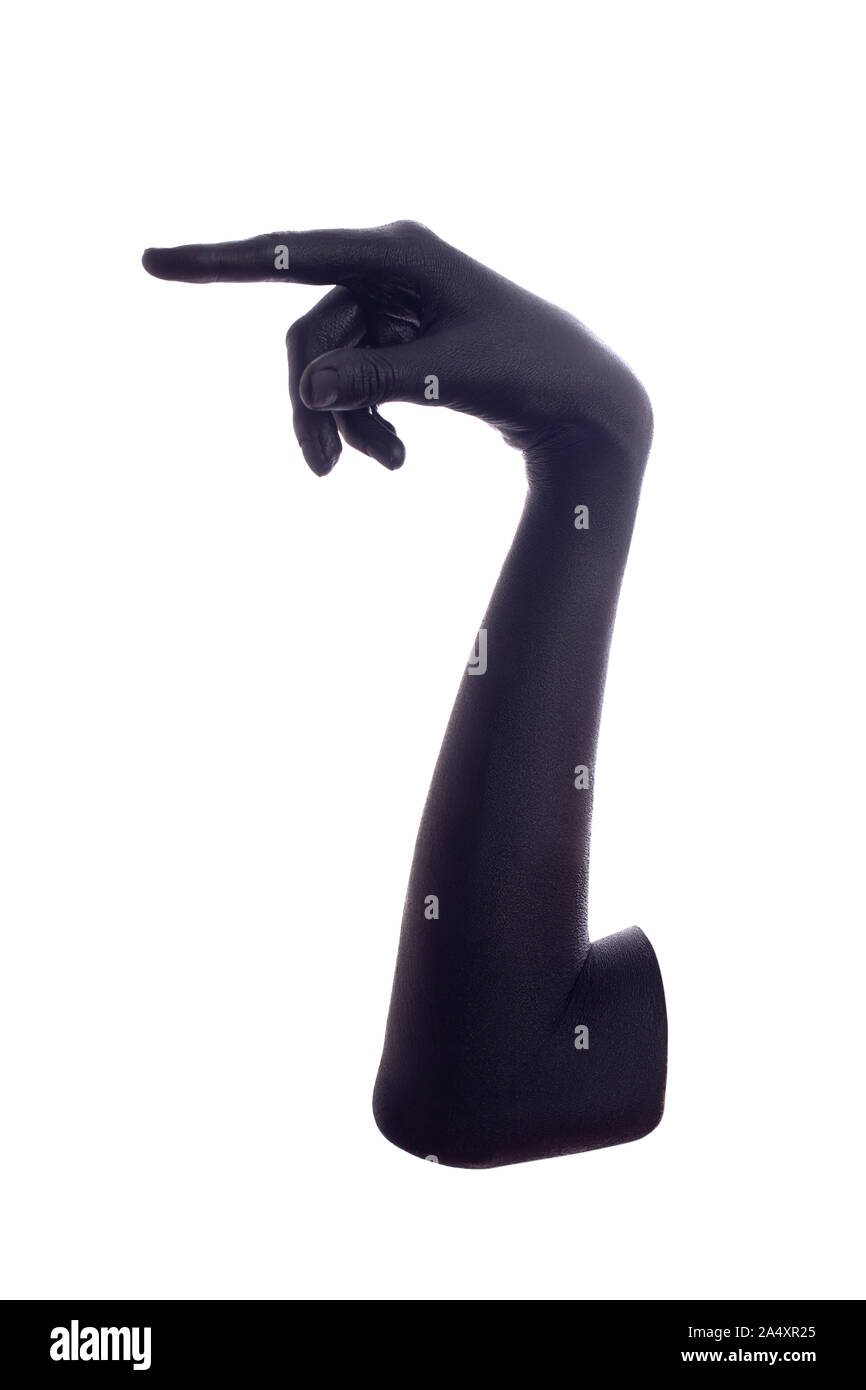 female hand painted in black color point aside on isolated on white ...