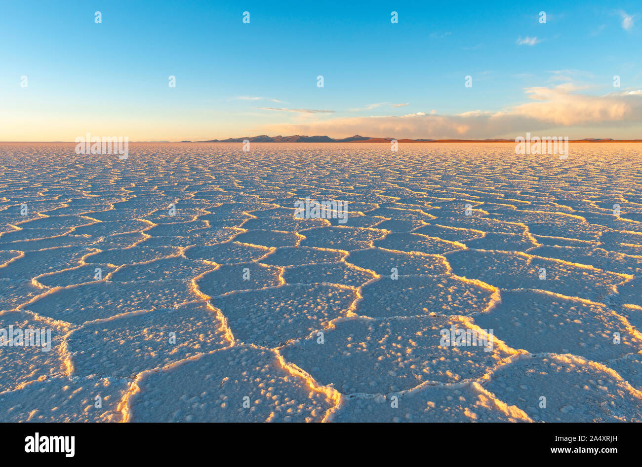 Hexagon salt formations at sunset in the Uyuni salt flat desert (Salar de Uyuni), Bolivia. Stock Photo