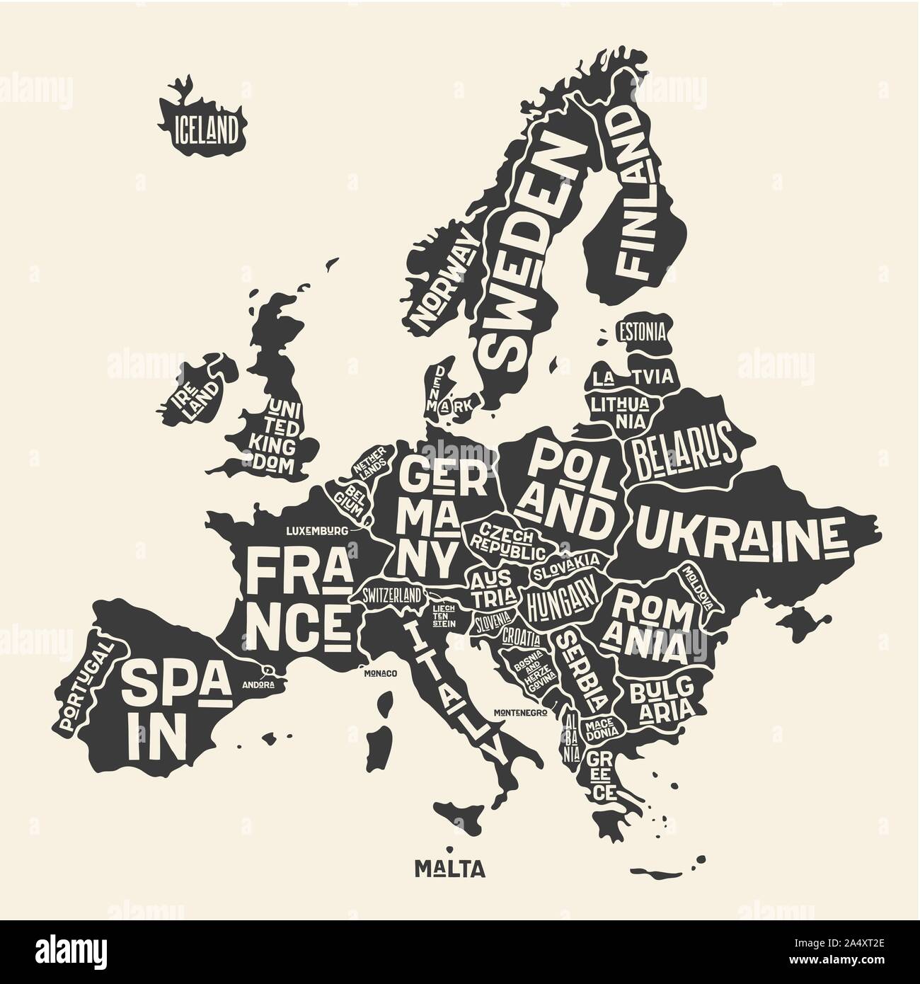Europe, map. Poster map of the Europe with country names Stock Vector