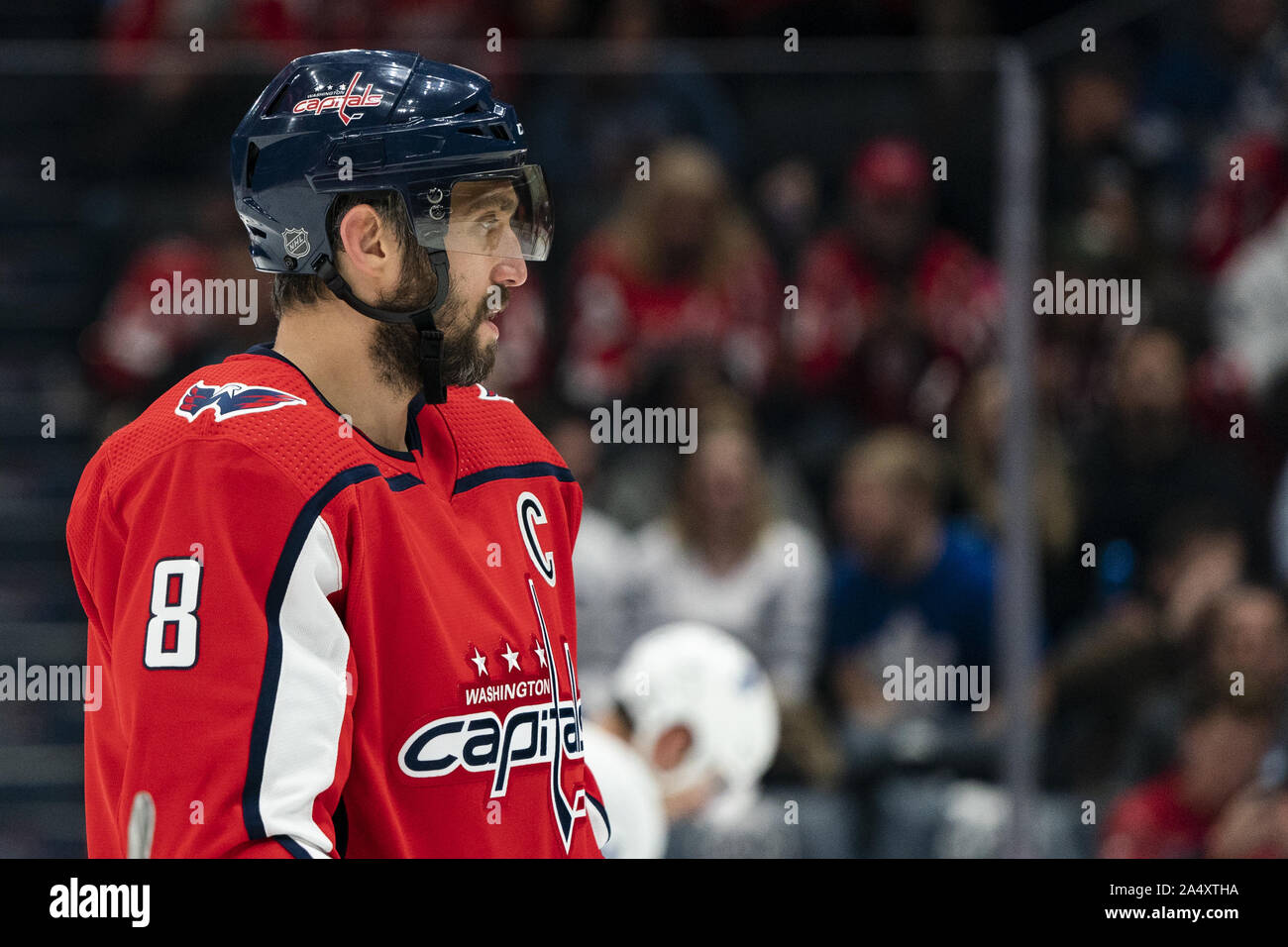 Washington, United States. 16th Oct, 2019. Washington Capitals left wing Alex Ovechkin (8) looks on during a stoppage in play during the first period at Capital One Arena in Washington, DC on Wednesday, October 16, 2019. The Capitals host the Toronto Maple Leafs to start a 3 game home stand tonight. Photo by Alex Edelman/UPI Credit: UPI/Alamy Live News Stock Photo