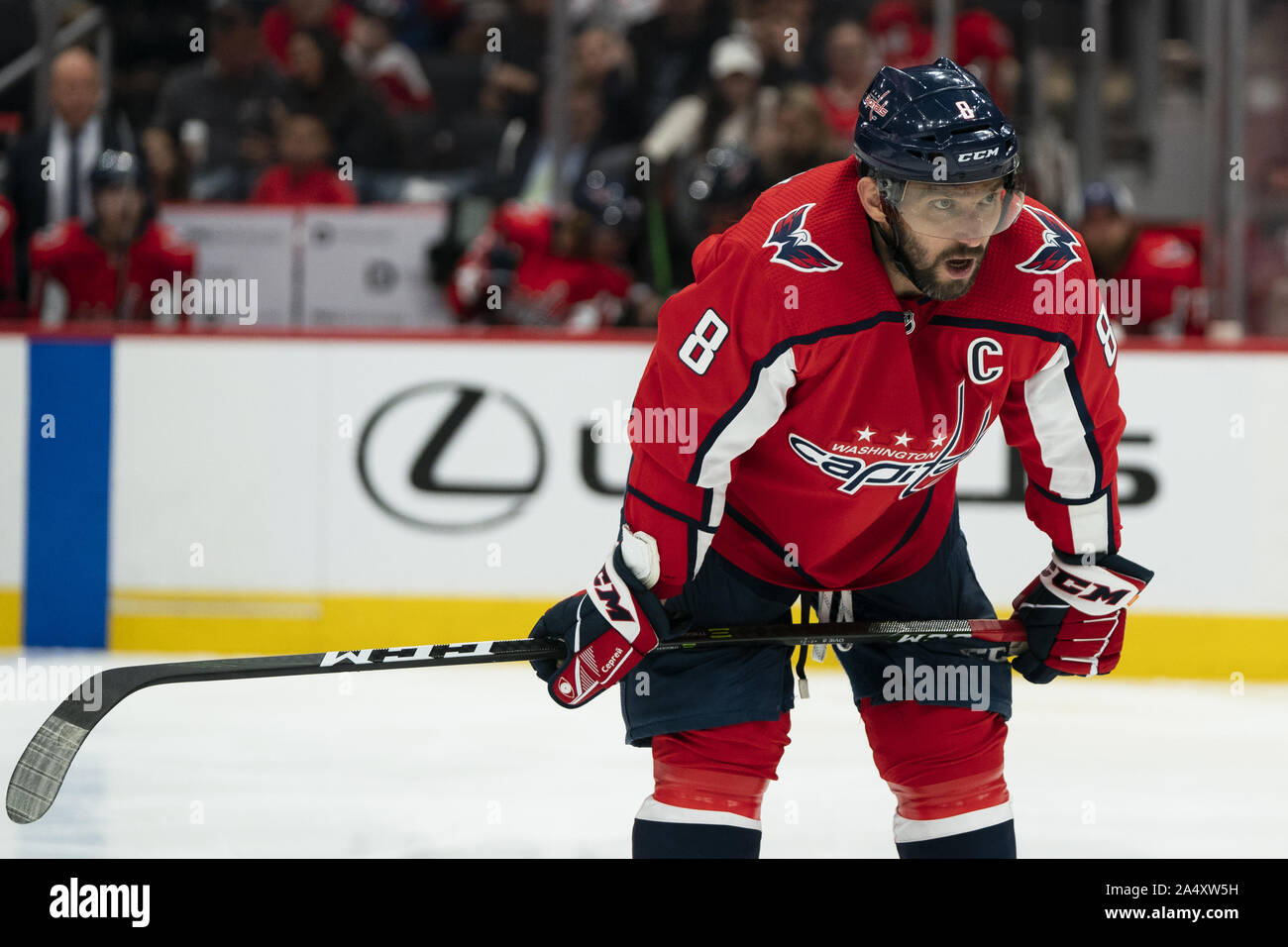 Washington, United States. 16th Oct, 2019. Washington Capitals left wing Alex Ovechkin (8) looks on after a stoppage in play during the second period at Capital One Arena in Washington, DC on Wednesday, October 16, 2019. The Capitals host the Toronto Maple Leafs to start a 3 game home stand tonight. Photo by Alex Edelman/UPI Credit: UPI/Alamy Live News Stock Photo