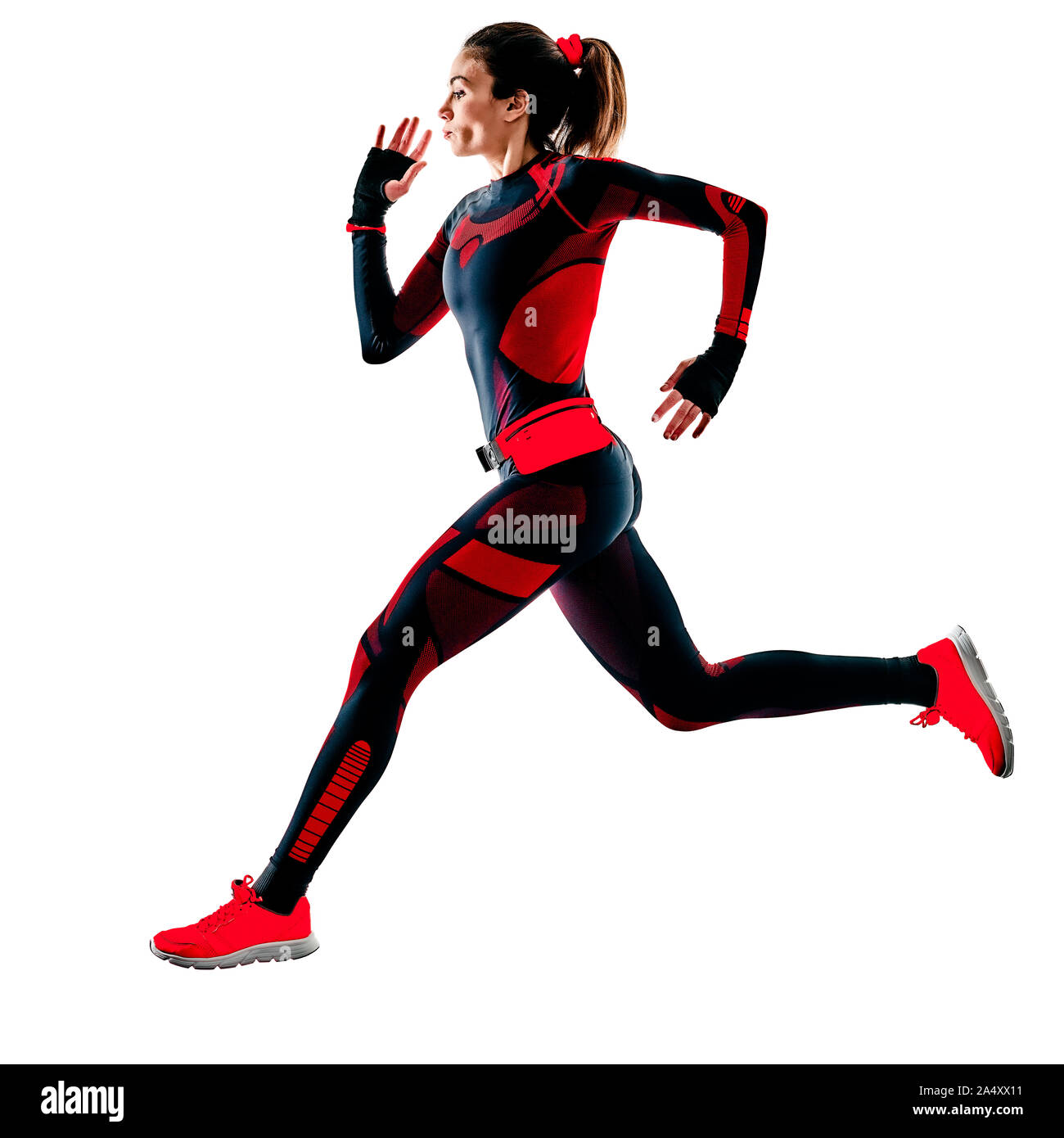 one caucasian beautiful woman runner running jogger jogging stretching warming up in jumpsuit  winter clothes  isolated on white background Stock Photo