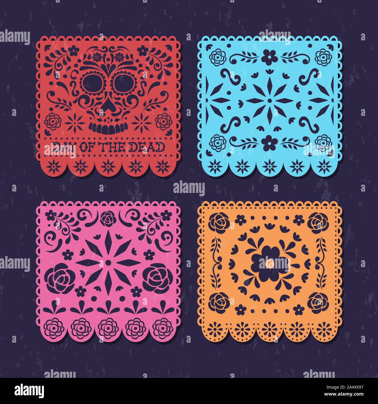 Day of the dead papercut banner set for traditional mexican holiday event. Papel picado art collection with skulls and flowers. Stock Vector