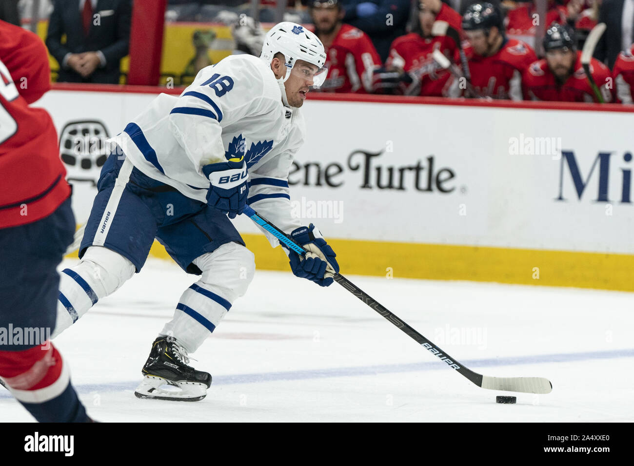 Washington, United States. 16th Oct, 2019. Toronto Maple Leafs left wing Andreas Johnsson (18) carries the puck during the first period at Capital One Arena in Washington, DC on Wednesday, October 16, 2019. The Capitals host the Toronto Maple Leafs to start a 3 game home stand tonight. Photo by Alex Edelman/UPI Credit: UPI/Alamy Live News Stock Photo