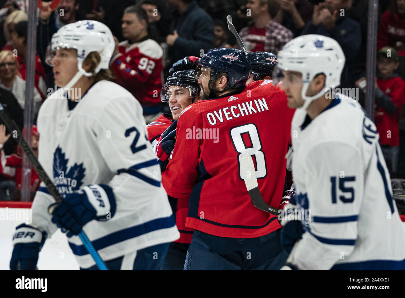 Washington, United States. 16th Oct, 2019. Washington Capitals left wing Alex Ovechkin (8) celebrates with teammates after a goal by Washington Capitals center Nicklas Backstrom, not pictured, during the second period at Capital One Arena in Washington, DC on Wednesday, October 16, 2019. The Capitals host the Toronto Maple Leafs to start a 3 game home stand tonight. Photo by Alex Edelman/UPI Credit: UPI/Alamy Live News Stock Photo