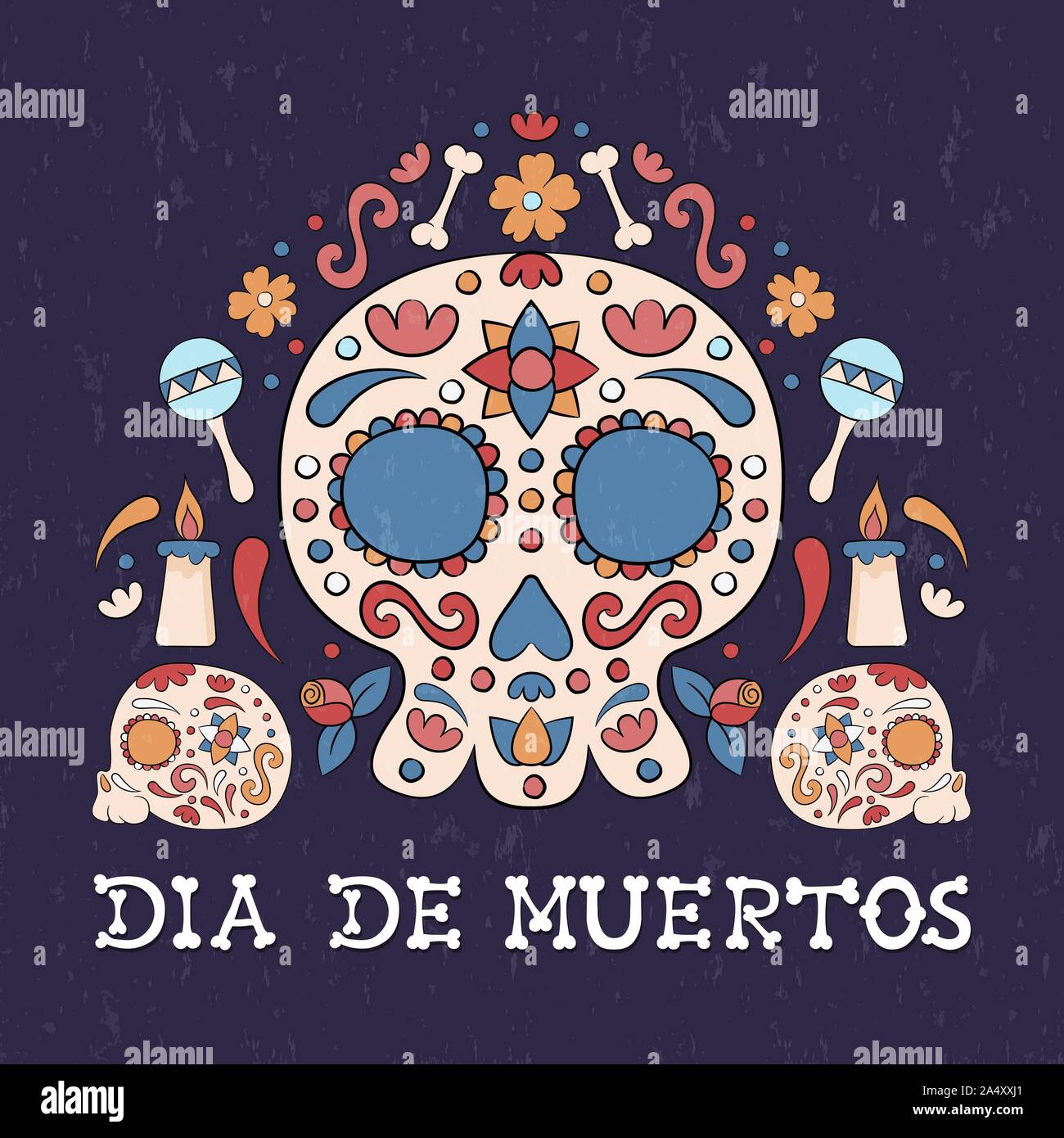 Day of the dead greeting card, traditional mexican sugar skull, candles and flowers illustration for mexico holiday event. Stock Vector