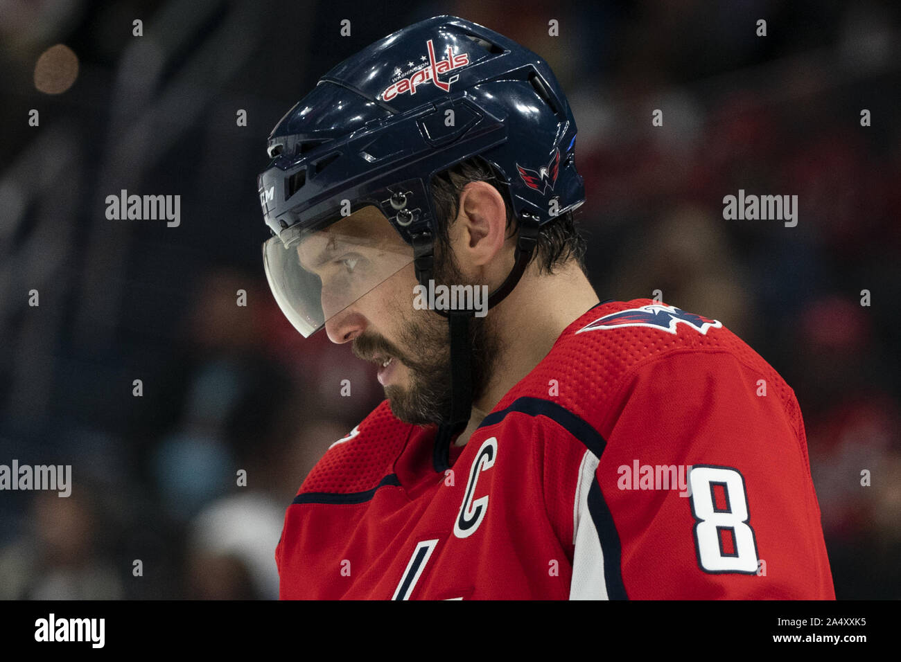 Washington, United States. 16th Oct, 2019. Washington Capitals left wing Alex Ovechkin (8) looks on during a stoppage in play during the third period as the Caps play the Toronto Maple Leafs at Capital One Arena in Washington, DC on Wednesday, October 16, 2019. The Capitals host the Toronto Maple Leafs to start a 3 game home stand tonight. Photo by Alex Edelman/UPI Credit: UPI/Alamy Live News Stock Photo
