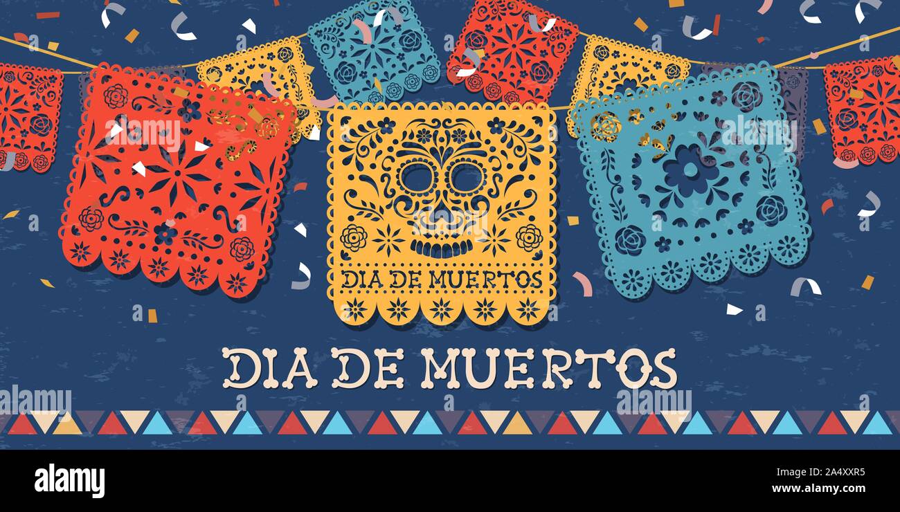Day of the dead greeting card for mexican celebration, traditional mexico papercut banner decoration with colorful skulls and party confetti. Stock Vector