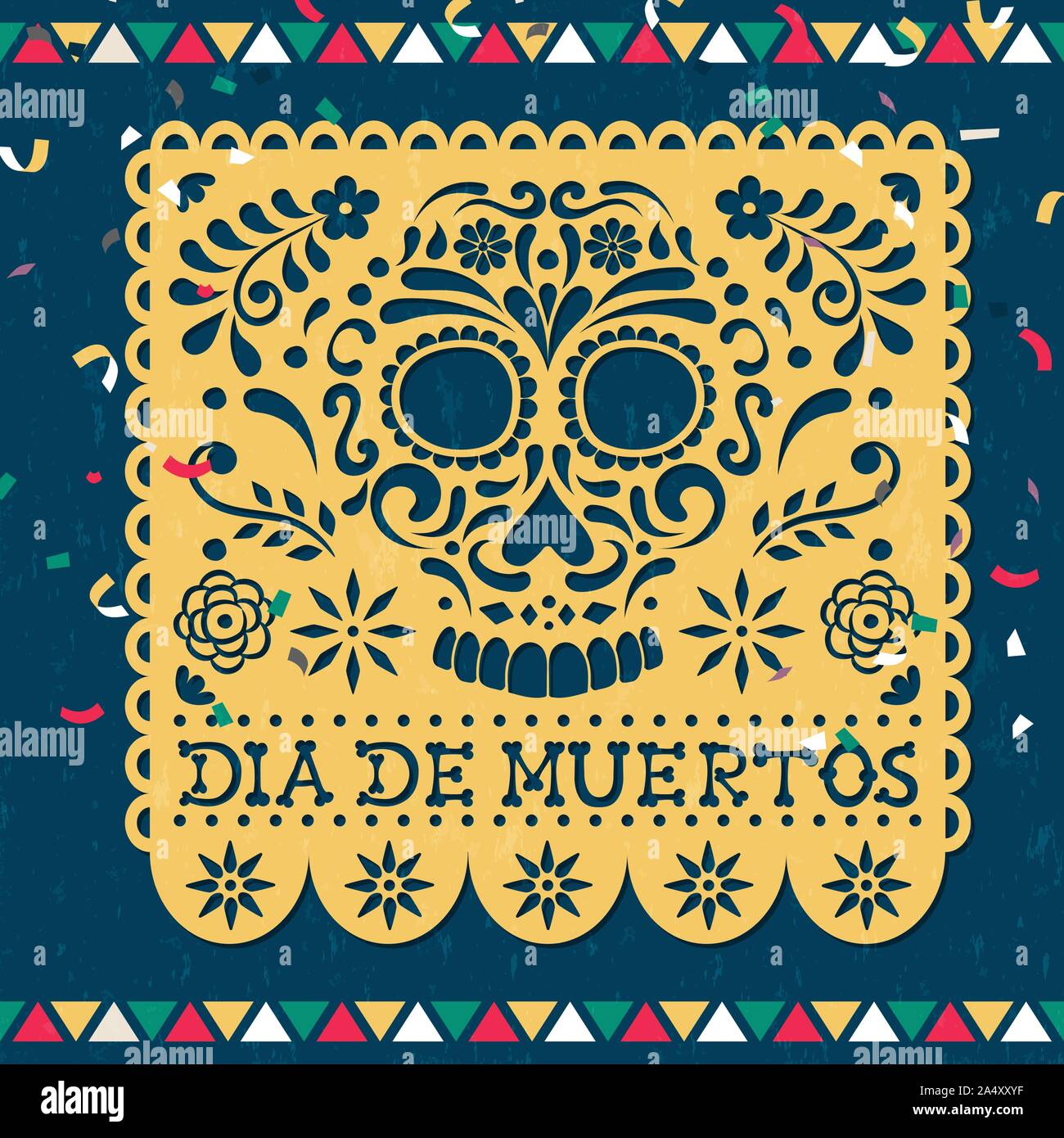 Day of the dead greeting card for mexican celebration, traditional mexico papercut banner decoration with colorful skulls and party confetti. Stock Vector