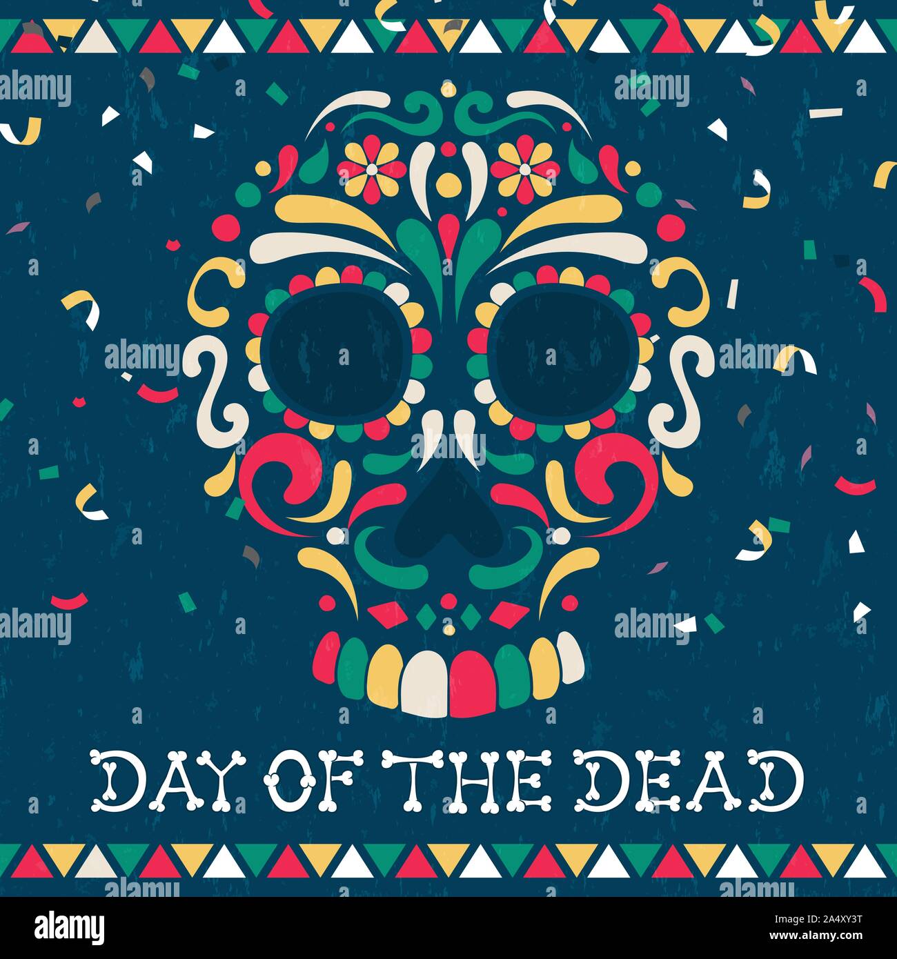 Day of the dead sugar skull greeting card for mexican celebration, traditional mexico skeleton decoration with colorful party confetti. Stock Vector