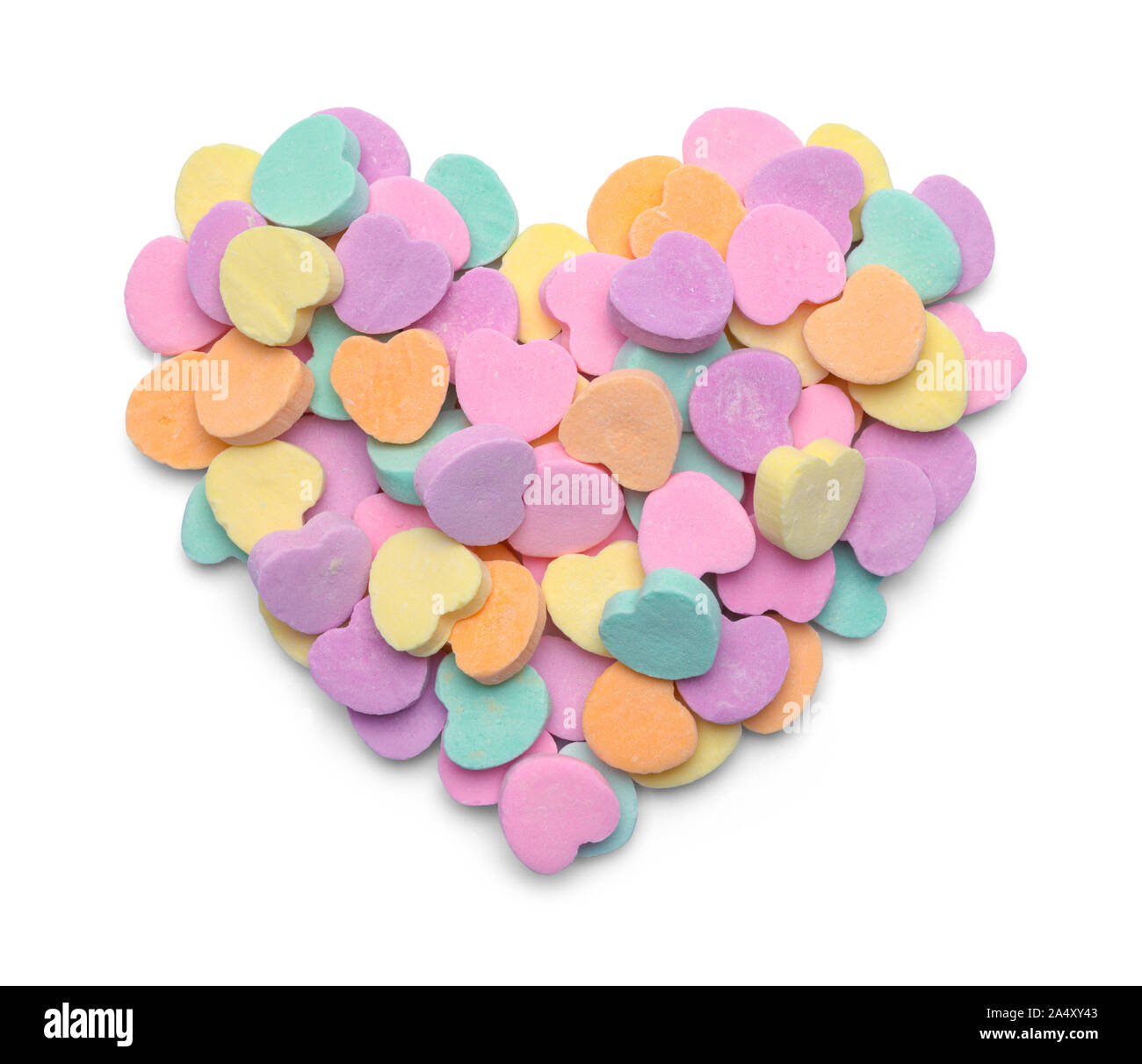 Pile of Valentine Candy Hearts in Heart Shape Isolated on White. Stock Photo