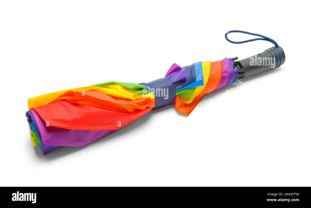 Folded Closed Rainbow Umbrella Isolated on White Background. Stock Photo