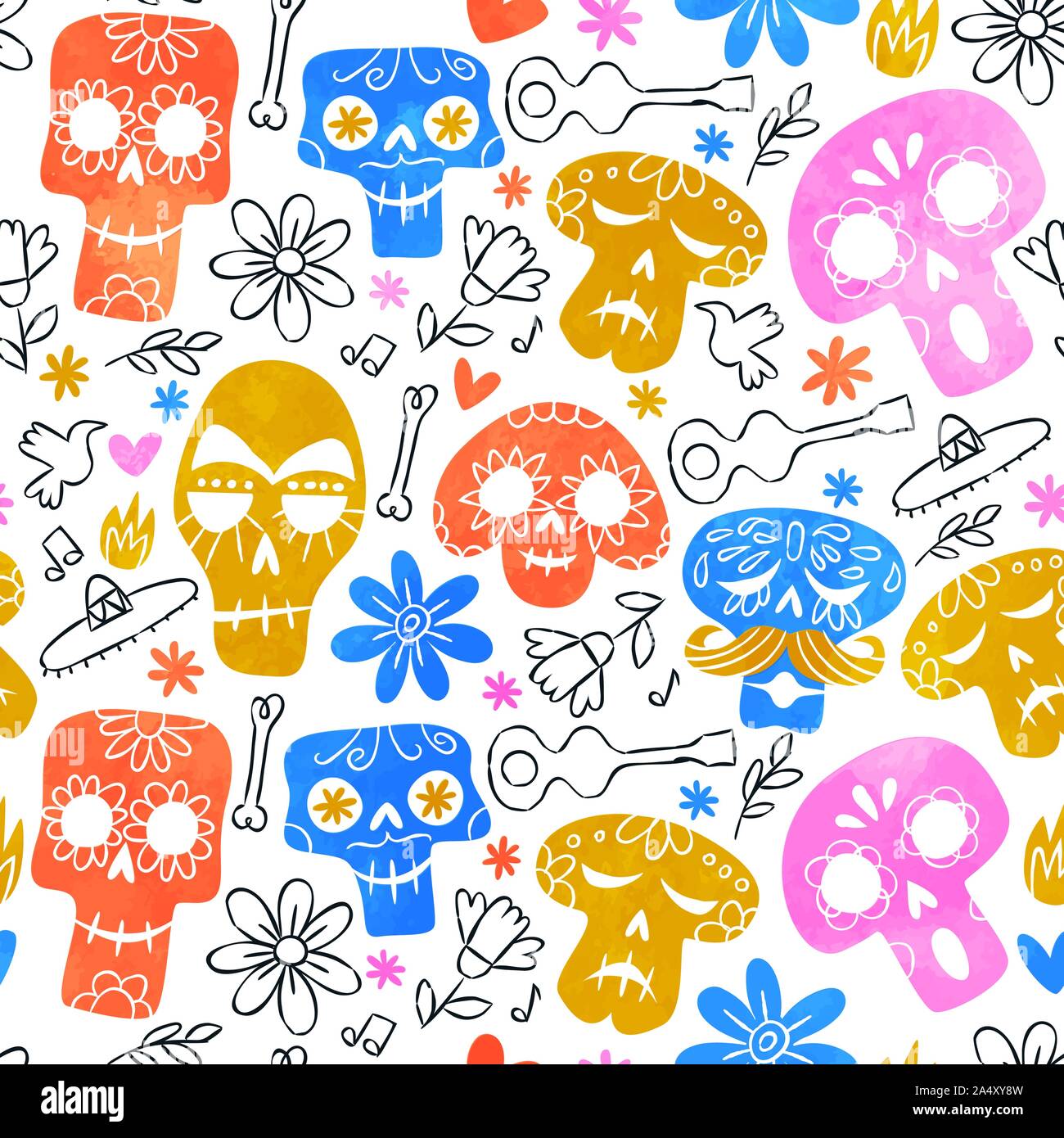 Day of the dead skull seamless pattern, funny watercolor skeleton ...