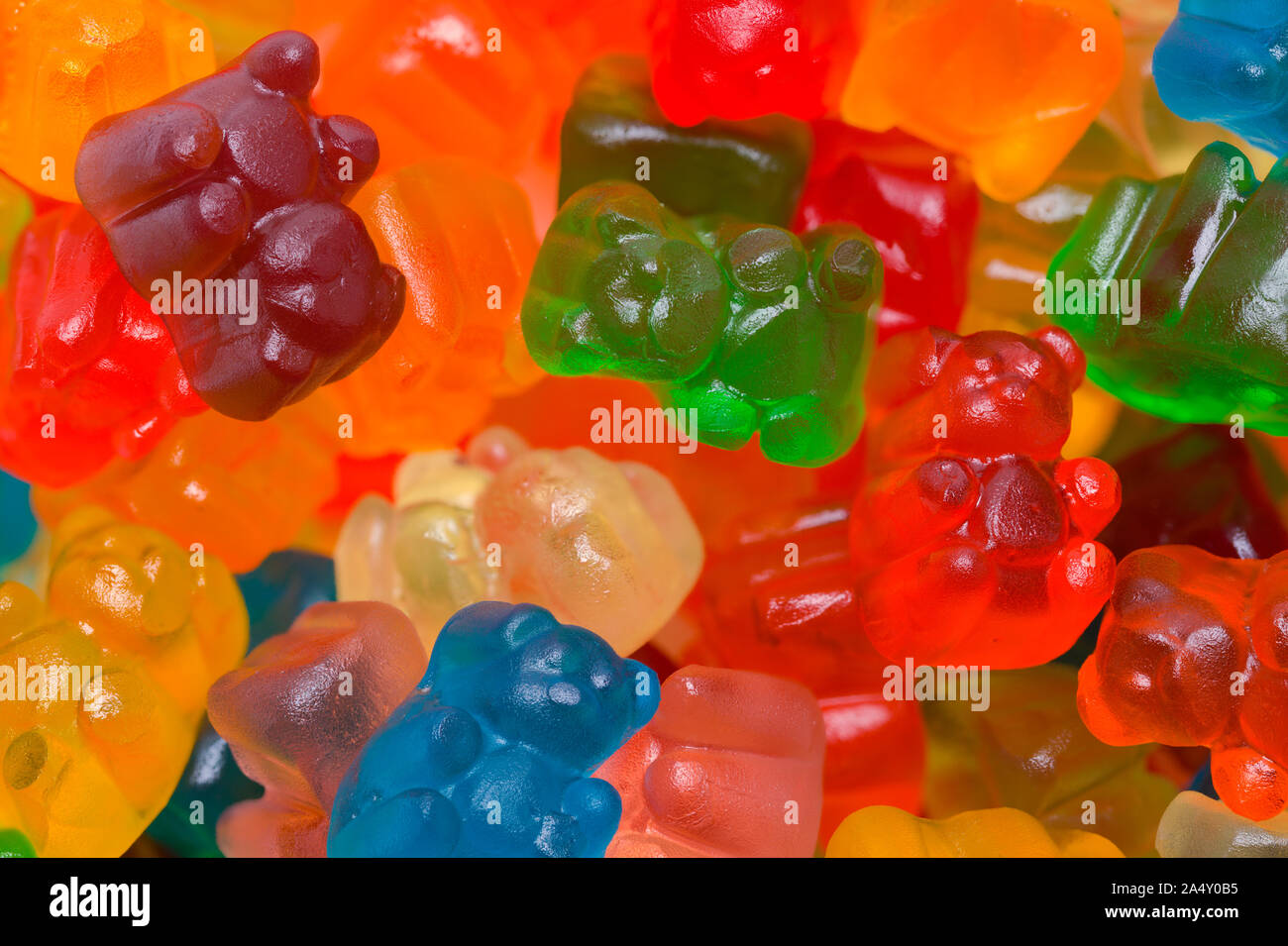 Pile of Candy Gummy Bears Background Close Up. Stock Photo
