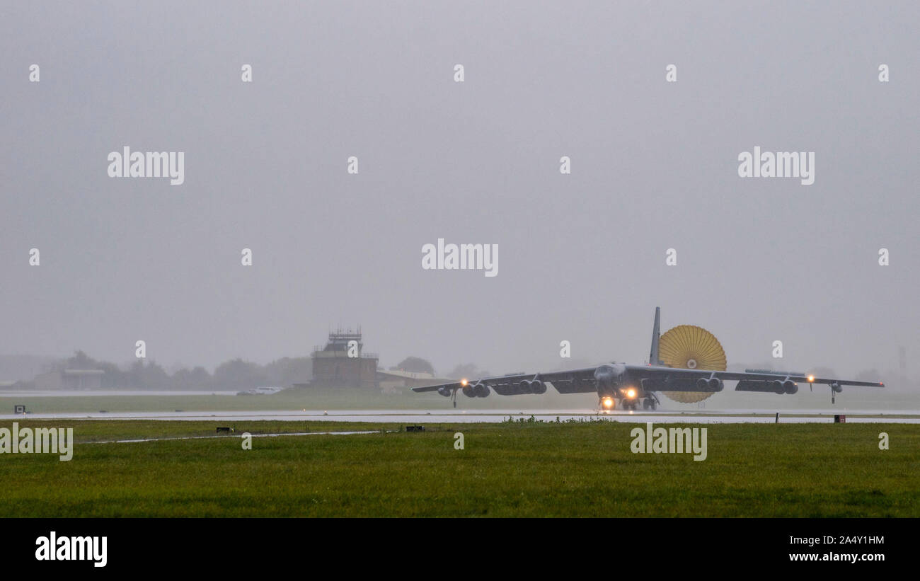 A U.S. Air Force 2nd Bomb Wing B-52 Stratofortress from Barksdale Air Force Base, Louisiana, lands after a mission in support of Bomber Task Force Europe 20-1, Oct. 14, 2019, at Royal Air Force Fairford, England. This deployment allows aircrews and support personnel to conduct theater integration and improve bomber interoperability with joint partners and allied nations. (U.S. Air Force photo by Tech. Sgt. Christopher Ruano) Stock Photo