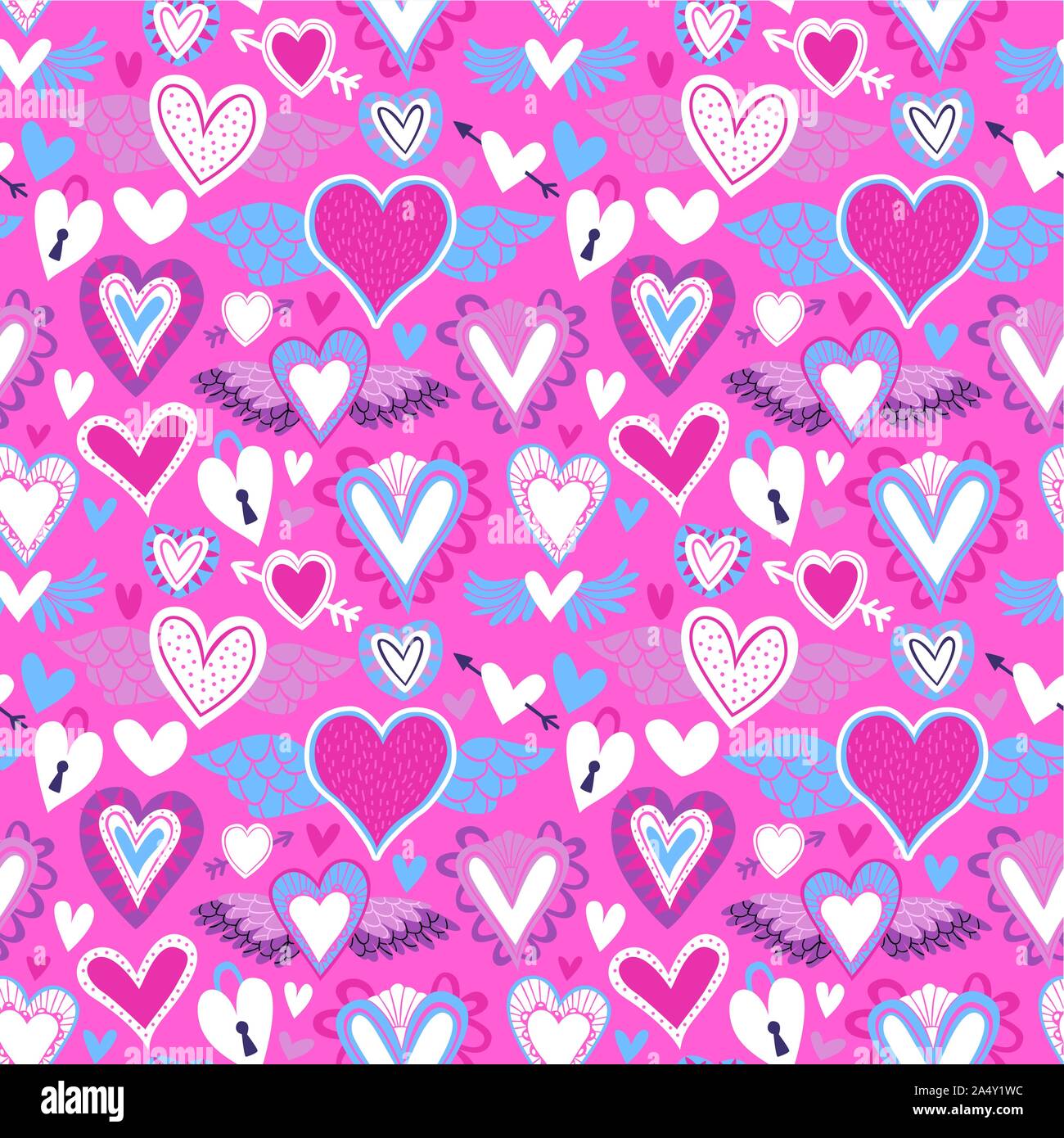 Heart shape seamless pattern, pink cupid hearts in flat cartoon art style for valentines day holiday or romantic event. Stock Vector