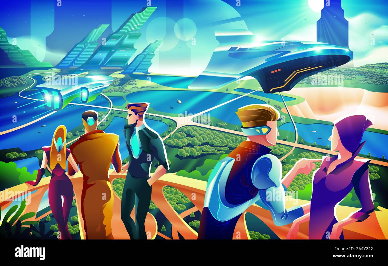 An imagery illustration of a futuristic scenery with a group of people are hanging out on terrace. A terrace party in the future. Stock Vector