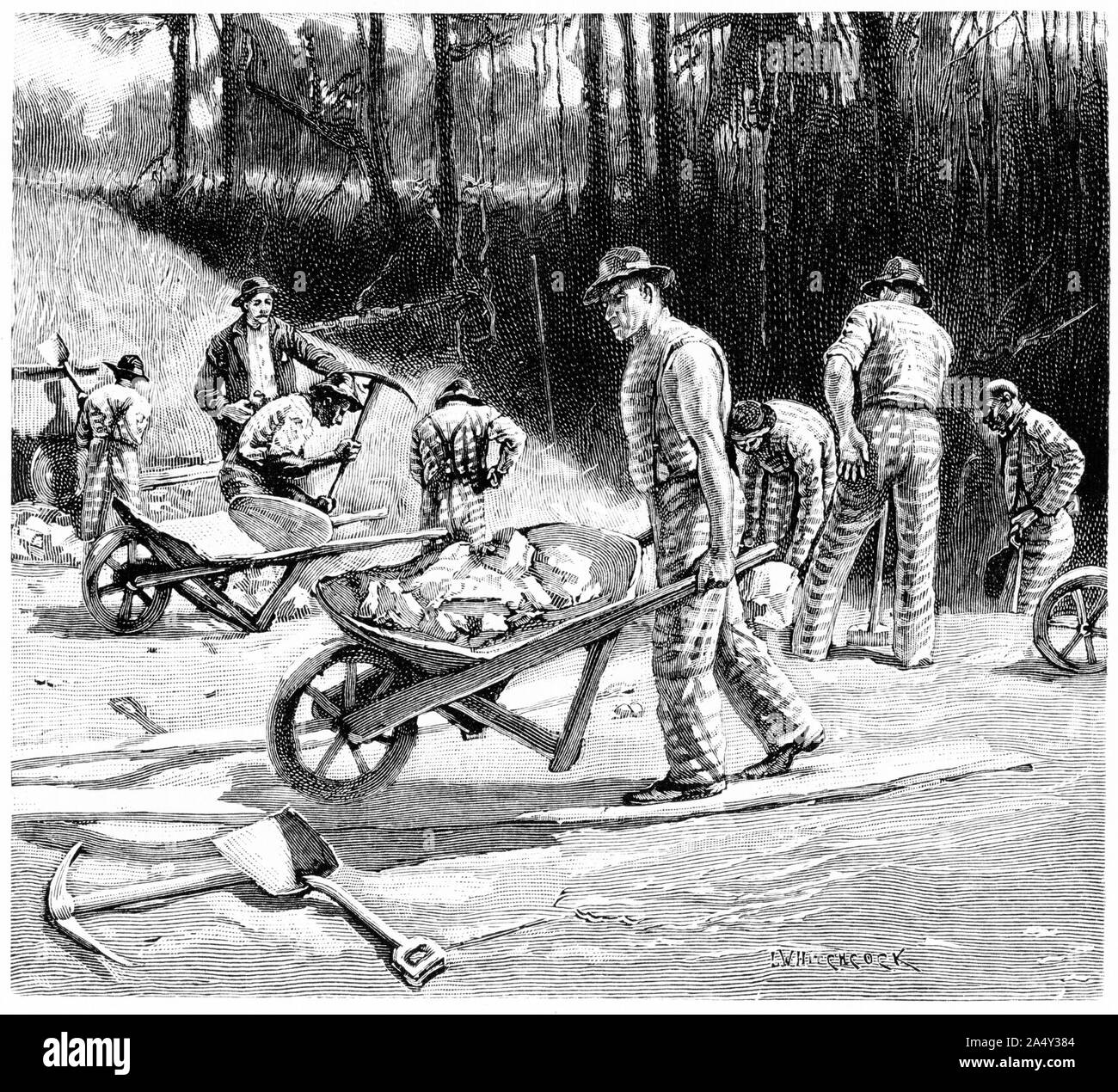 Engraving of convicts working a phosphate mine near Wilmington, North Carolina. From Harper's magazine 1895 Stock Photo