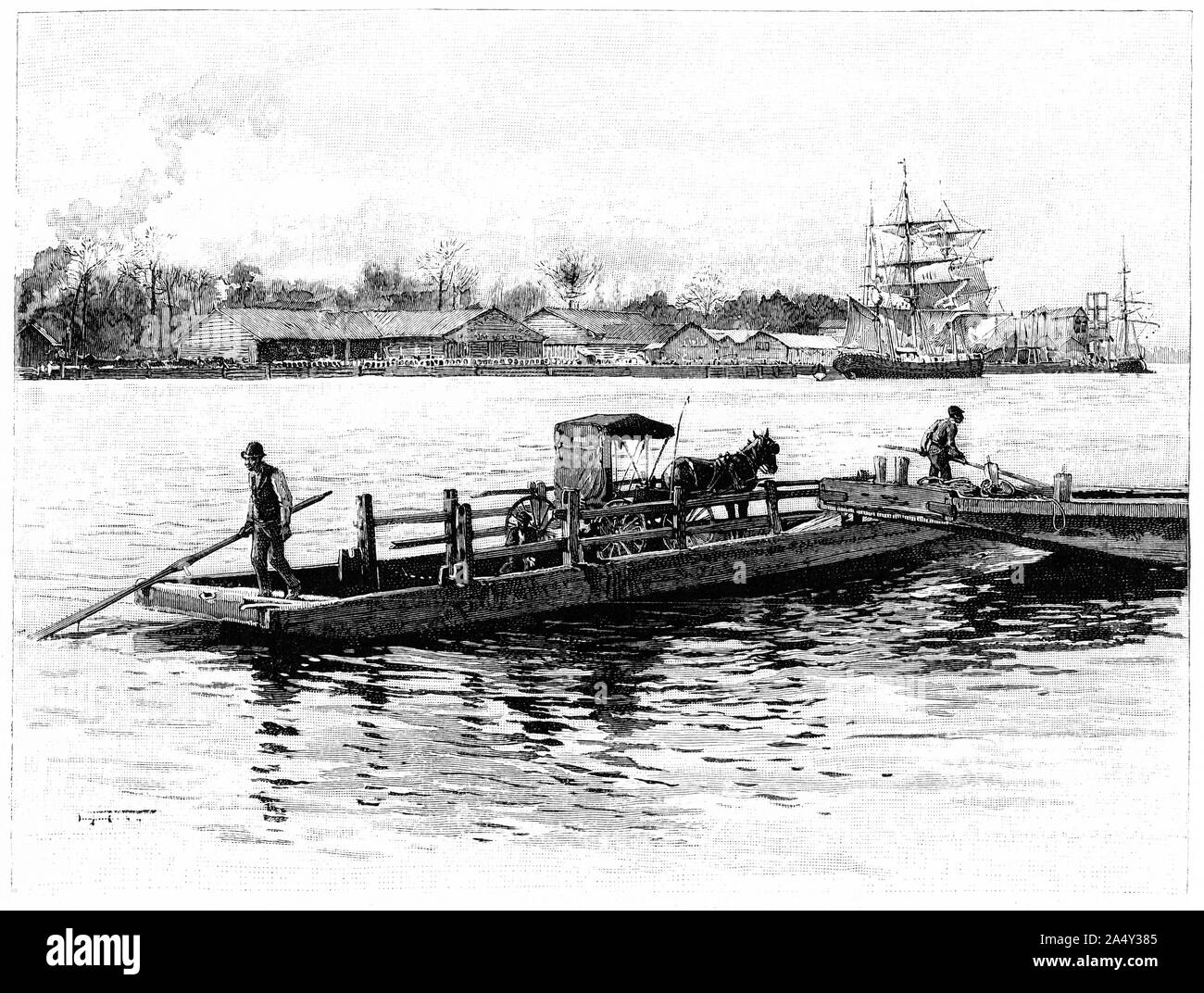 Engraving of a ferry boat carrying a horse-drawn carriage, and naval stores in the background, at Wilmington, North Carolina. From Harper's magazine 1895 Stock Photo