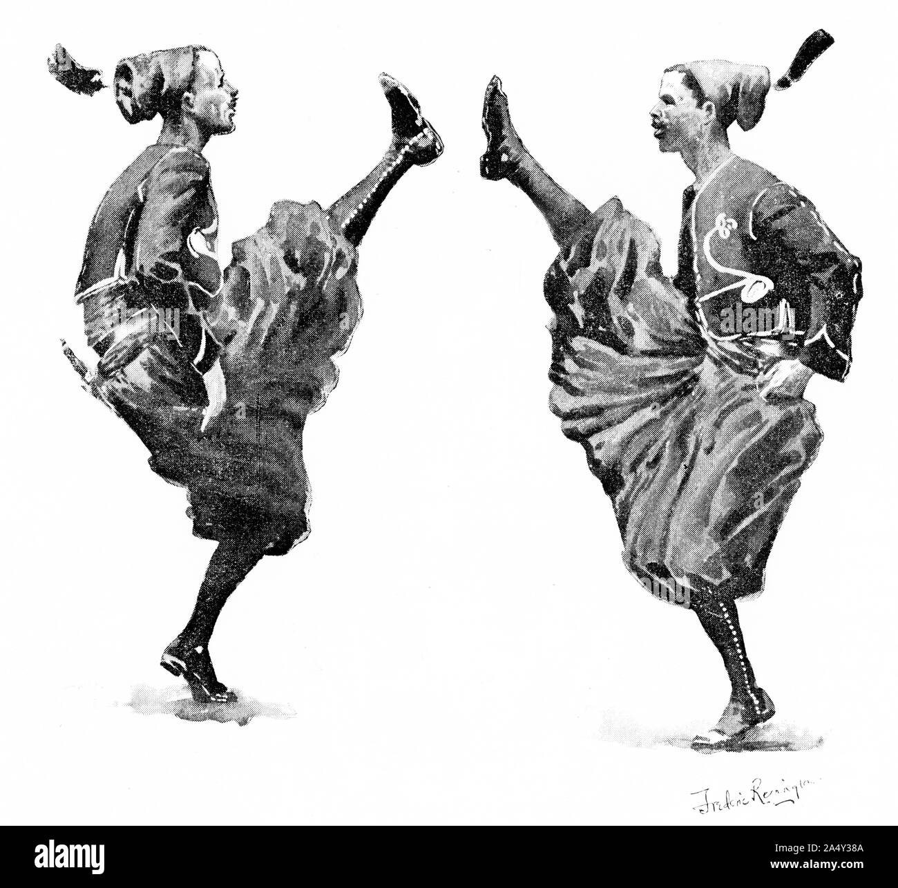 Halftone illustration of two soldiers frome the French zouaves light infantry dancing with should high kicks Stock Photo