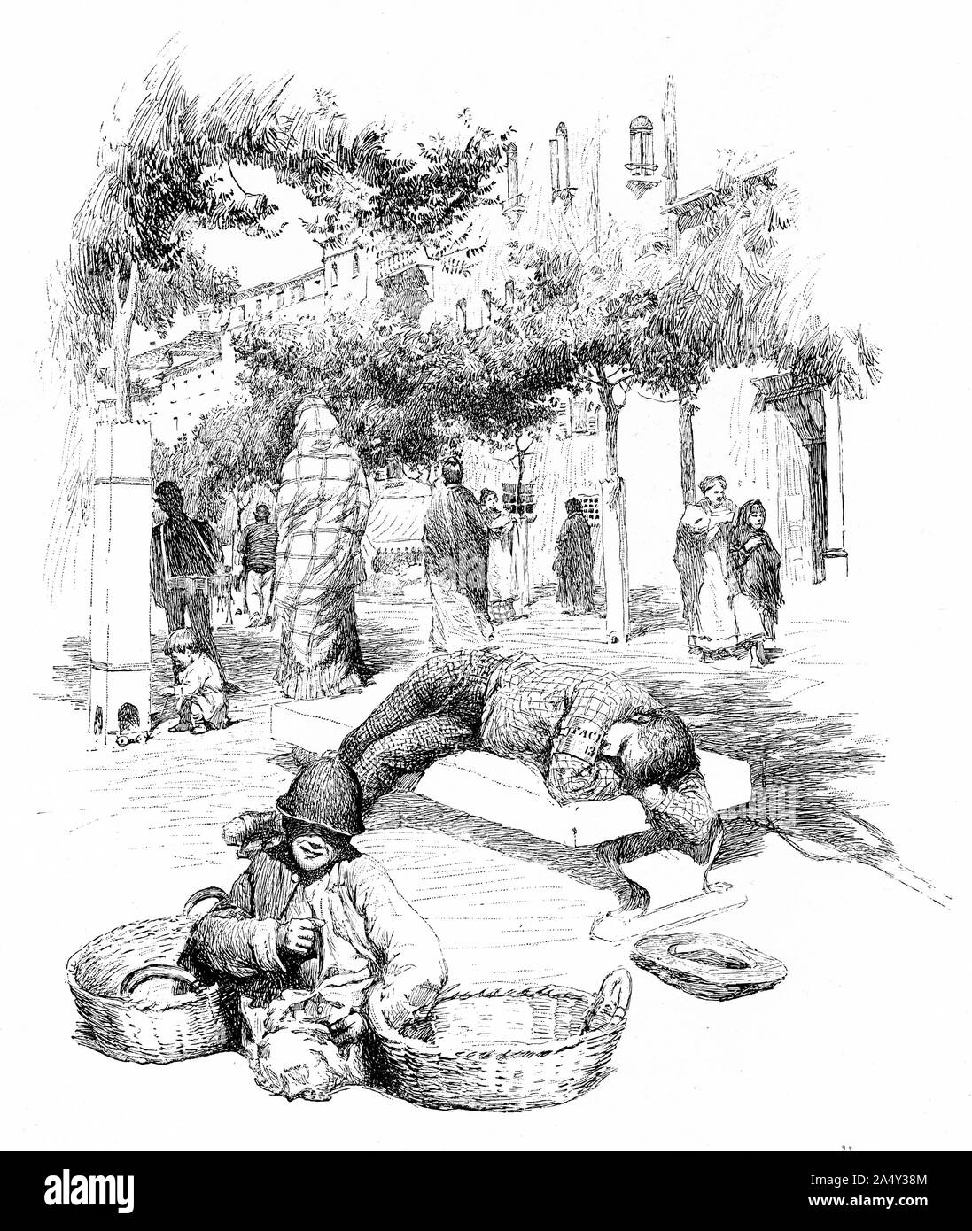 Engraving of an Italian porter or facchino asleep on a bench in the town square. From Harper's magazine 1895 Stock Photo