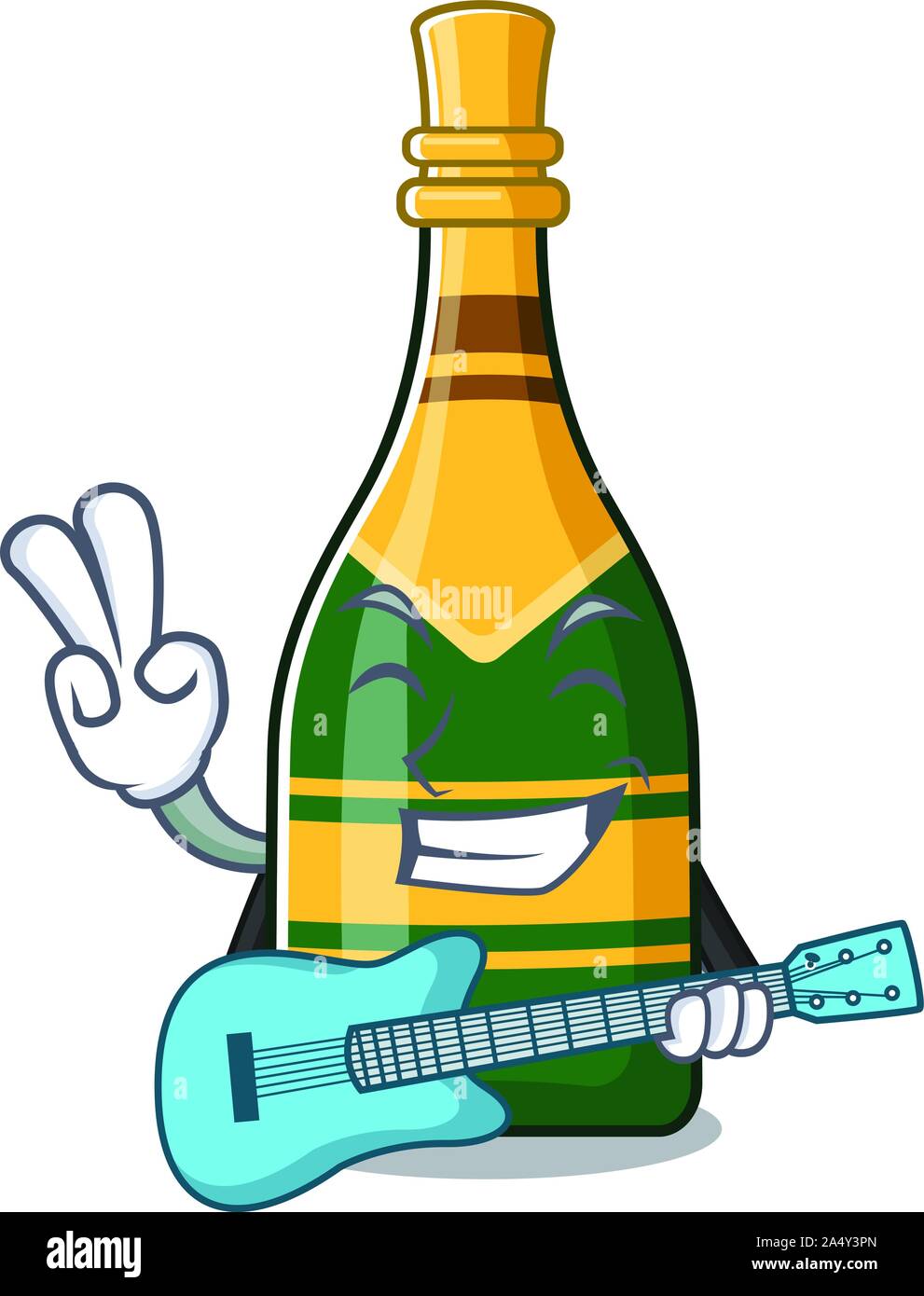 With guitar champagne bottle in the character fridge Stock Vector