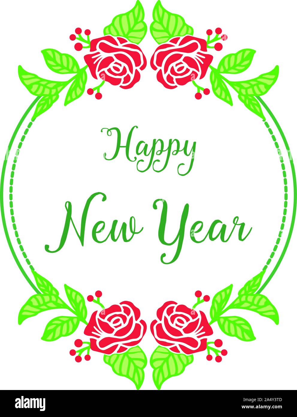 Celebration of greeting card happy new year, with red rose flower frame ...