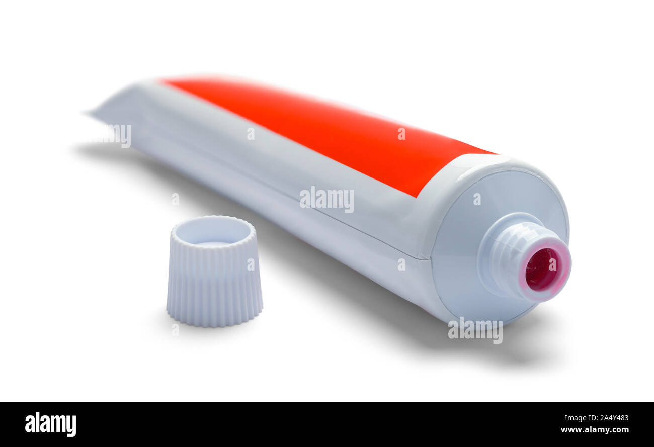 Open Toothpaste Tube with Cap Isolated on White. Stock Photo